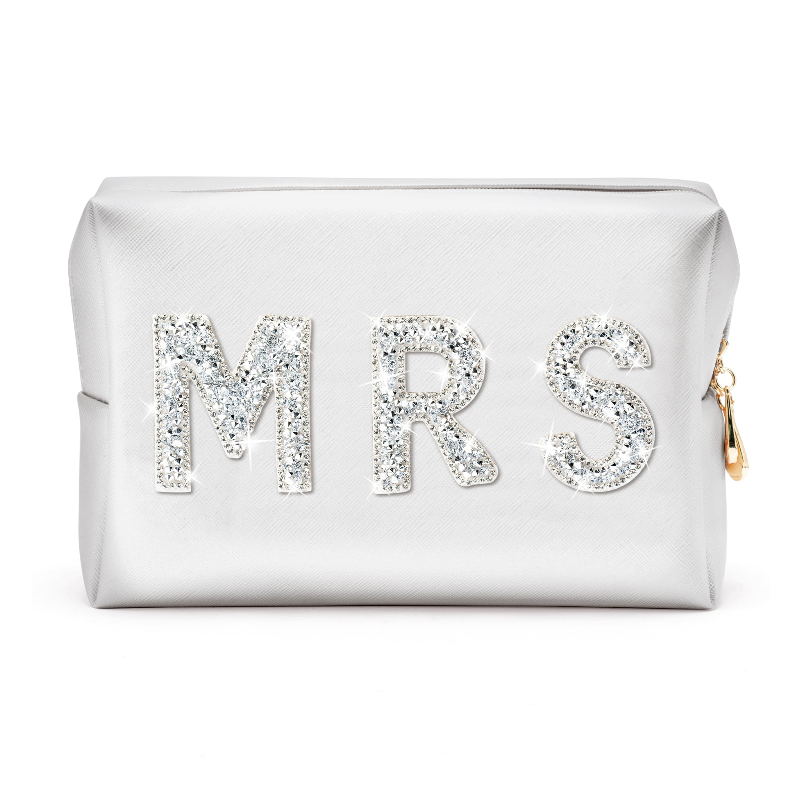 Sparkling MRS Diamond Rhinestone Patch Letter Cosmetic Bag - Waterproof White Makeup Bag for Bridal Shower, Wedding, Bachelorette Party | Personalized Gift for Bride, Bridesmaids, Birthday | Large Size Toiletry Bag for Travel & Special Occasions