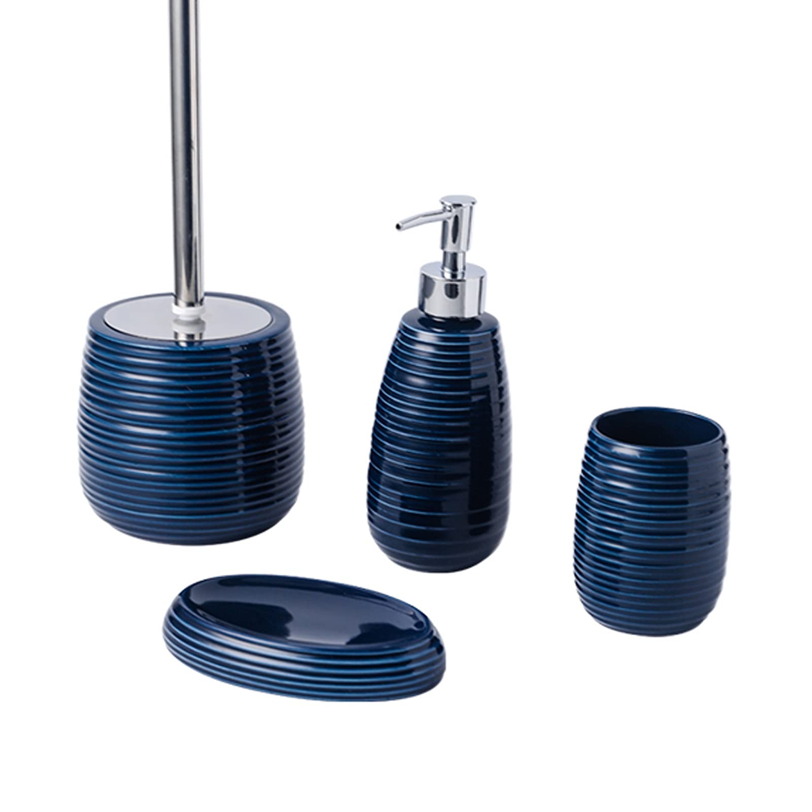 Ceramic 4-Piece Bathroom Set - Soap Dispenser, Mouthwash Cup, Soap Dish & Toilet Brush - Elegant Blue Countertop Organizer for Home, Dorm & Spa Decor