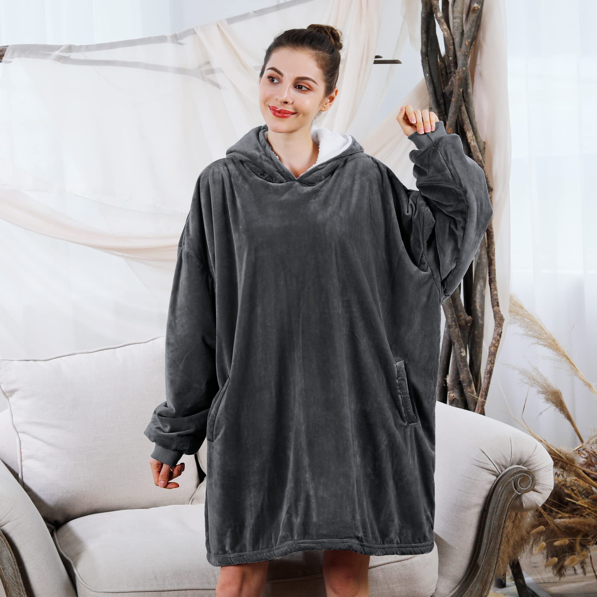 AmyHomie Oversized Sherpa Hooded Sweatshirt Blanket - Fleece Wearable Hoodie with Pocket for Adults, Kids & Teens (2PCS) - Cozy Loungewear for Movie Nights, Camping & Home Relaxation