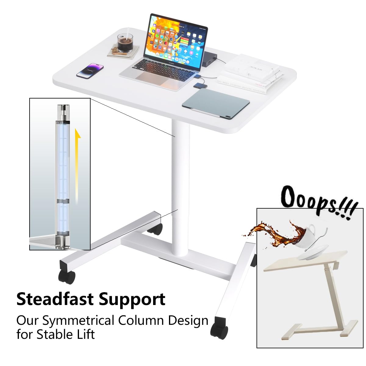 28-Inch Adjustable Height Mobile Standing Desk with Lockable Wheels - Portable Rolling Workstation for Home Office, Classroom, Hospital - Perfect for Remote Work, Study & Healthcare (Snow White)