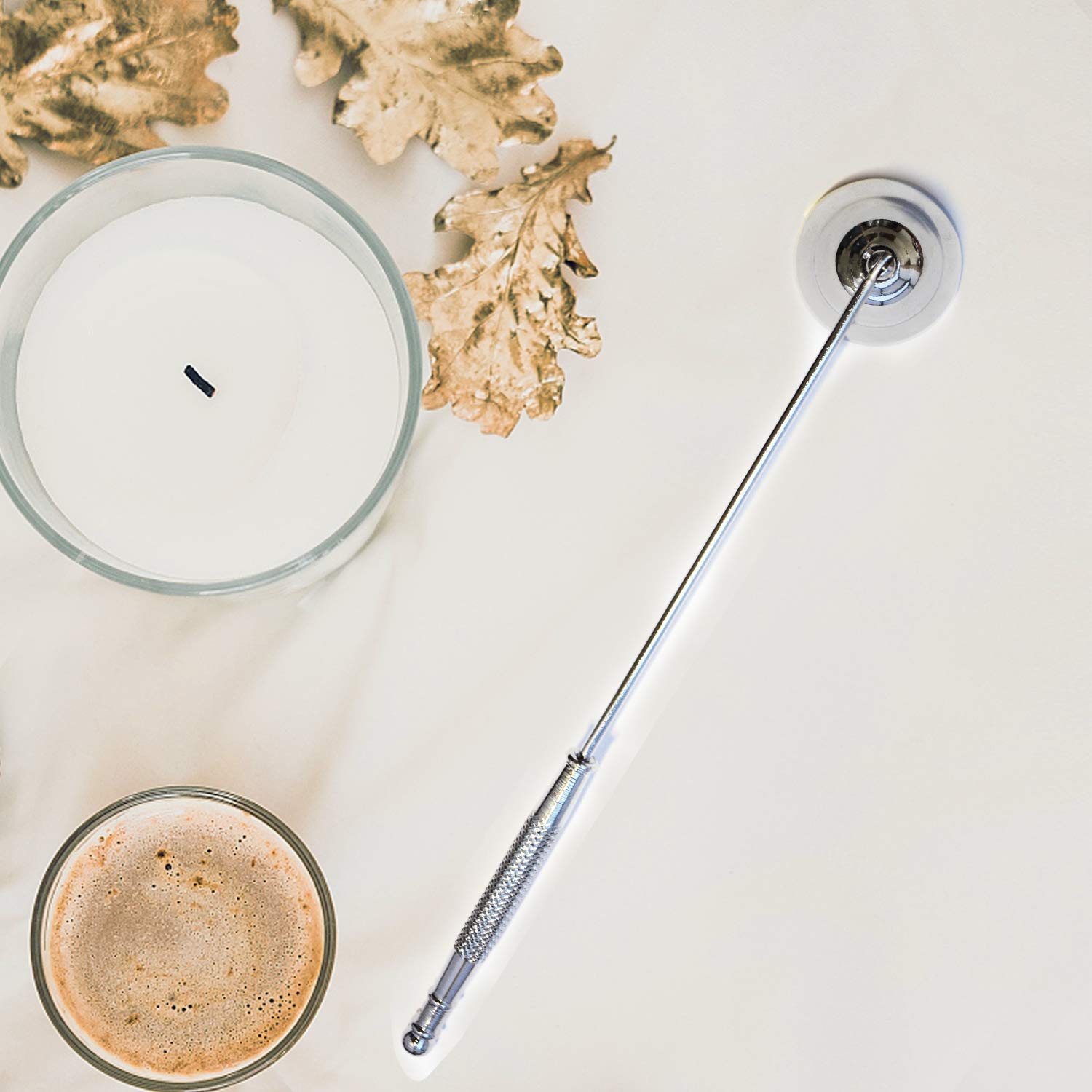 Premium Metal Candle Snuffer with Long Handle - Safe & Elegant Candle Extinguisher for Scented, Aromatherapy, Jar & Nest Flame Candles - Perfect for Home Decor, Spa Relaxation & Romantic Dinners (Silver)