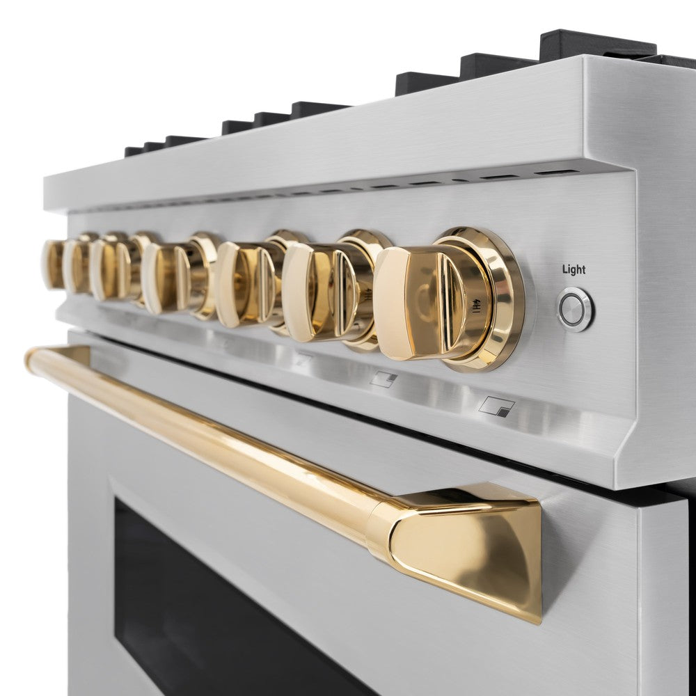 ZLINE Autograph Edition 36 Inch 5.2 Cu. Ft. Classic Gas Range with 6 Burner Cooktop & Convection Gas Oven - Stainless Steel with Polished Gold Accents (CGRZ 36 G) - Perfect for Professional Home Chefs & Modern Kitchens