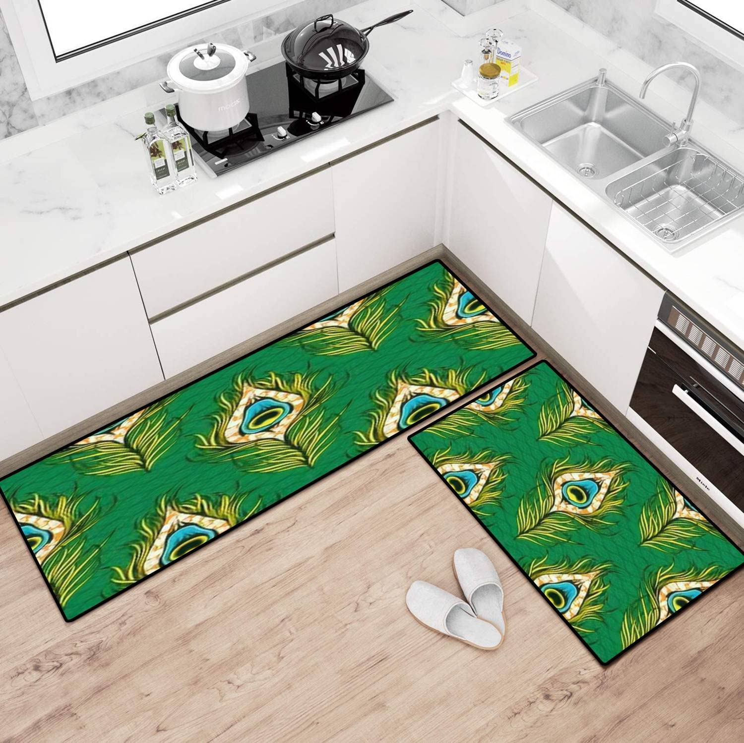 Peacock Tail African Print Kitchen Rugs Set - Non-Slip Washable Floor Mats, Vibrant Colors Kitchen Runner, Doormat & Bath Rug for Comfortable Standing - Perfect for Modern Kitchens, Entryways & Bathroom Decor