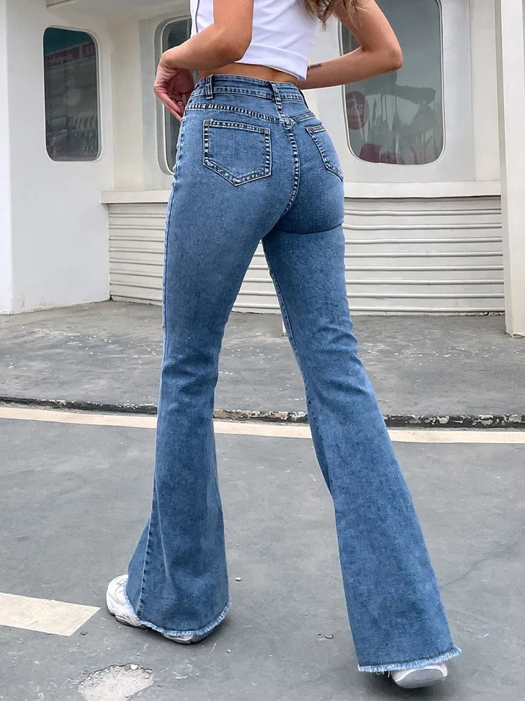 Benuynffy Women's High Waist Button Fly Raw Hem Flare Jeans - Slim Fit Full Length Denim Pants for Autumn Fashion | Perfect for Casual Outings, Date Nights & Office Wear