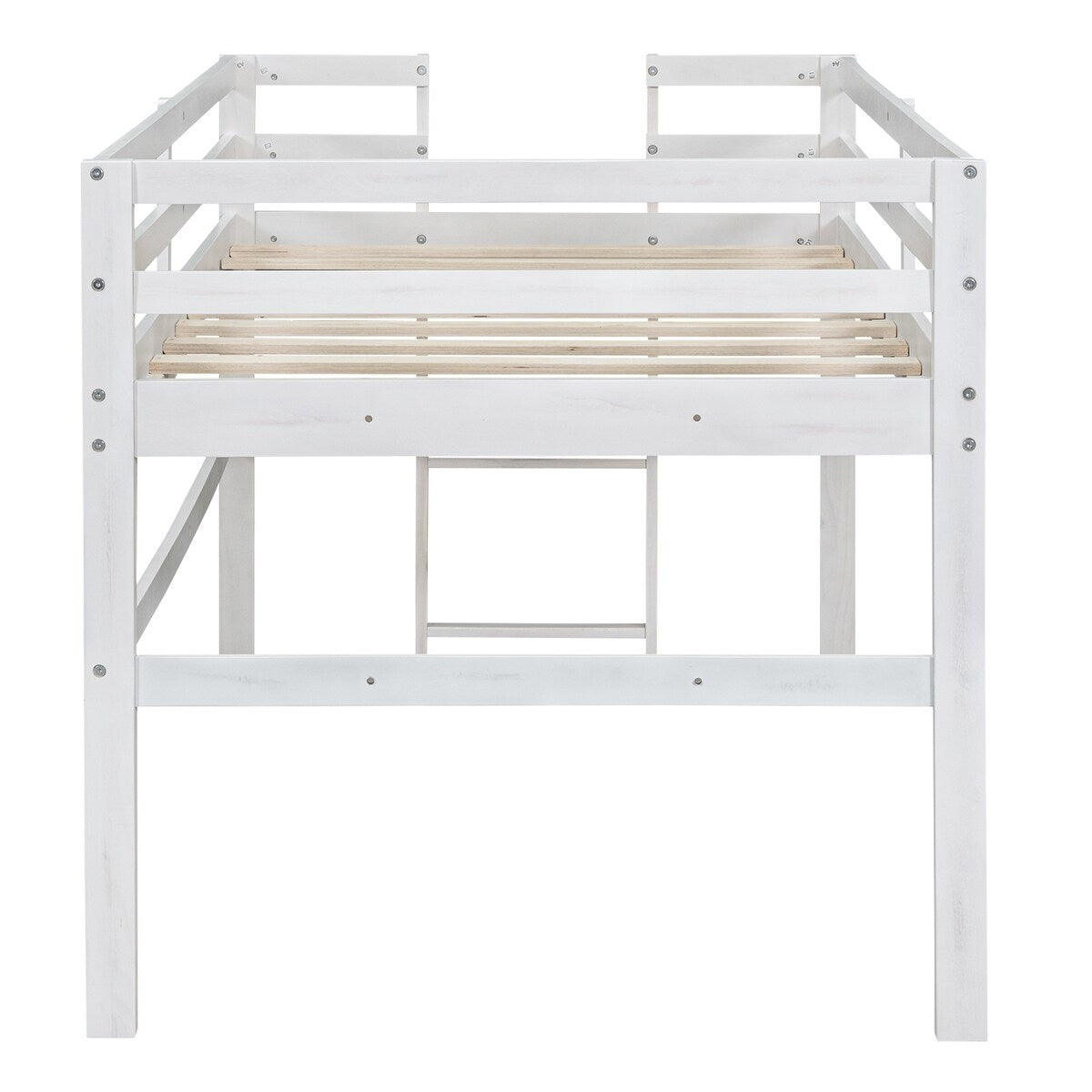Antique White Wood Twin Loft Bed with Side Ladder - Space-Saving Kids Bedroom Furniture for Small Rooms & Dorm Decor
