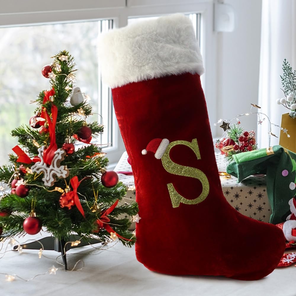Personalized 20 Inch Red Velvet Christmas Stocking with White Plush Cuff - Monogrammed Family Initial Letter S Stocking for Fireplace, Xmas Tree & Holiday Decorations | Perfect for Family Gatherings, Gift Exchanges & Festive Home Decor