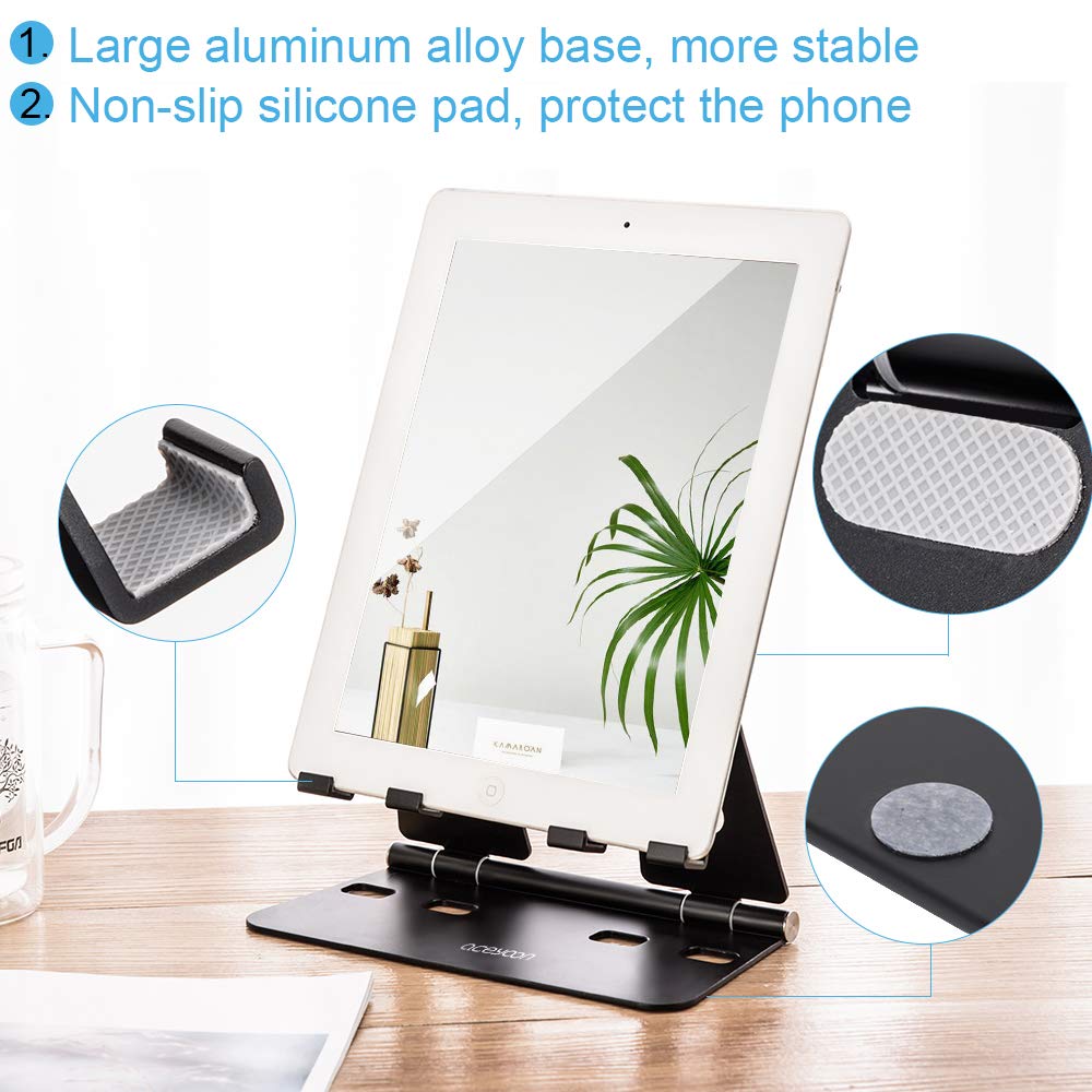 Aceyoon Adjustable Tablet Stand - Dual Phone & iPad Holder for Desk, Aluminum Alloy Foldable Stand for Tablet/Kindle, Portable Phone Stand for Office/Home/Bedside Use - Black