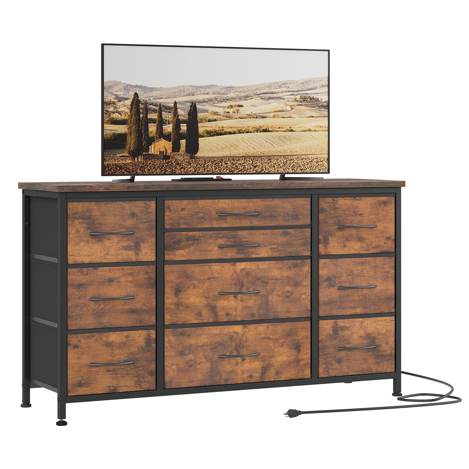 Jojoka 10-Drawer Wide Dresser with Power Outlet - 55 Inch TV Stand & Entertainment Center, Rustic Brown Storage Cabinet with Sturdy Metal Frame for Bedroom, Closet, Entryway - Perfect for Organizing Clothes, Electronics & Home Decor