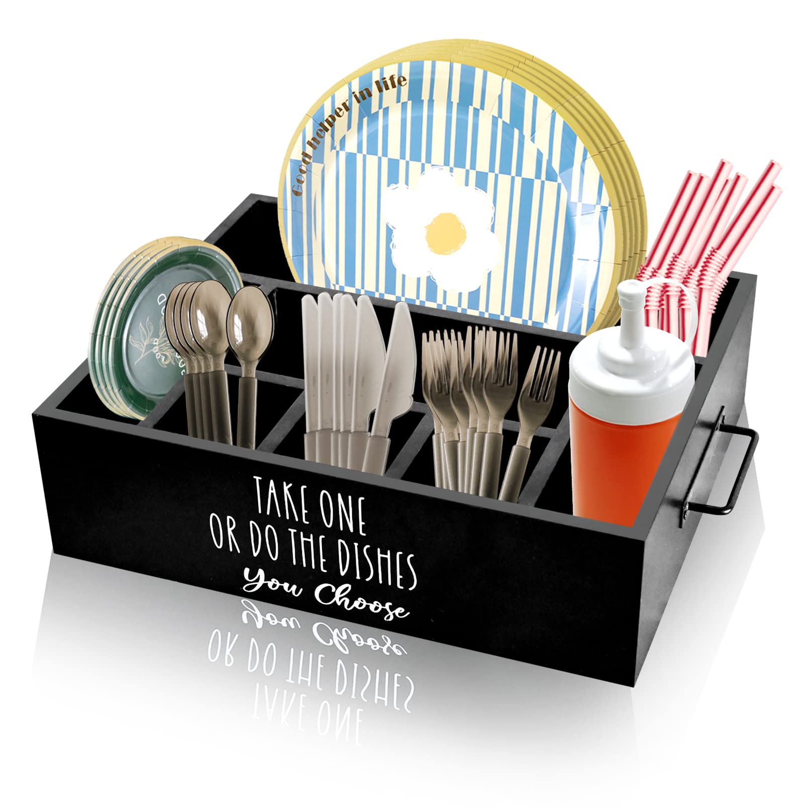 Disposable Plastic Utensil Organizer - Black Party Serving Caddy for Spoon, Fork, Knife, Cup & Napkin Storage | Portable Kitchen Counter & Buffet Organizer | Perfect for Camping, BBQ, Picnics & Events