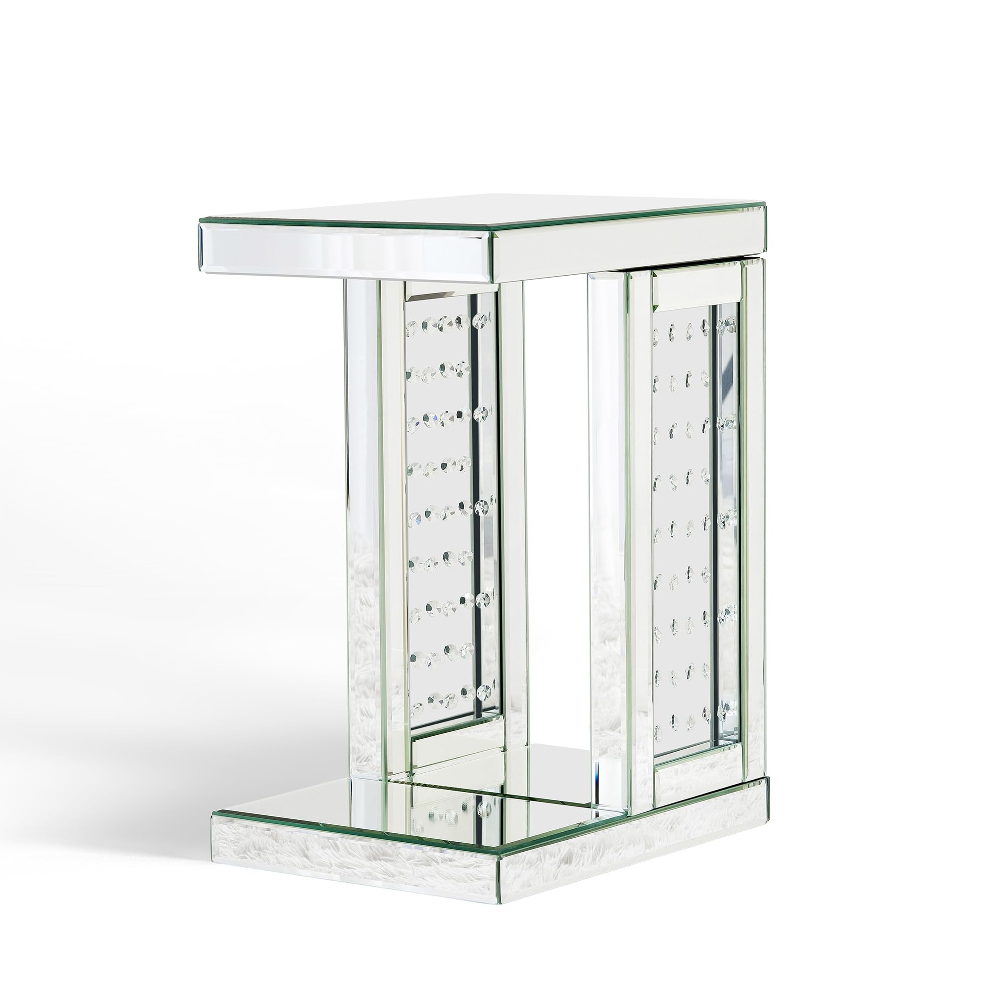 Mirrored C-Shaped End Table with Crystals - Accent Side Table for Sofa & Couch, Small Space Living Room & Bedroom Decor - Perfect for Holding Drinks, Books & Decor Items