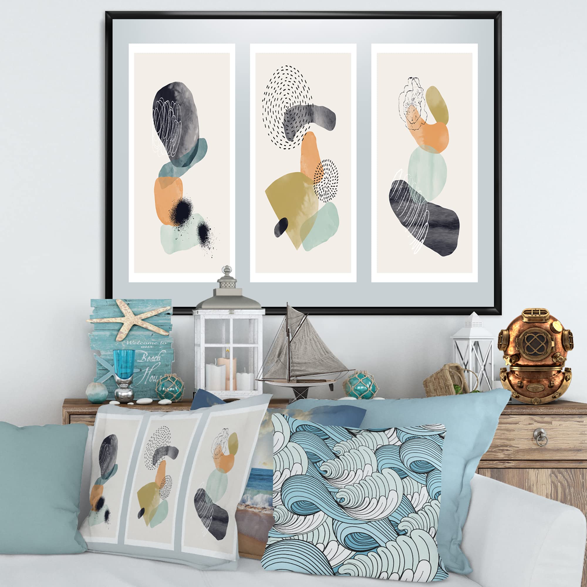 DesignQ Minimalist Organic Shapes Framed Canvas Wall Art Print - Modern Home Decor for Living Room, Bedroom & Office
