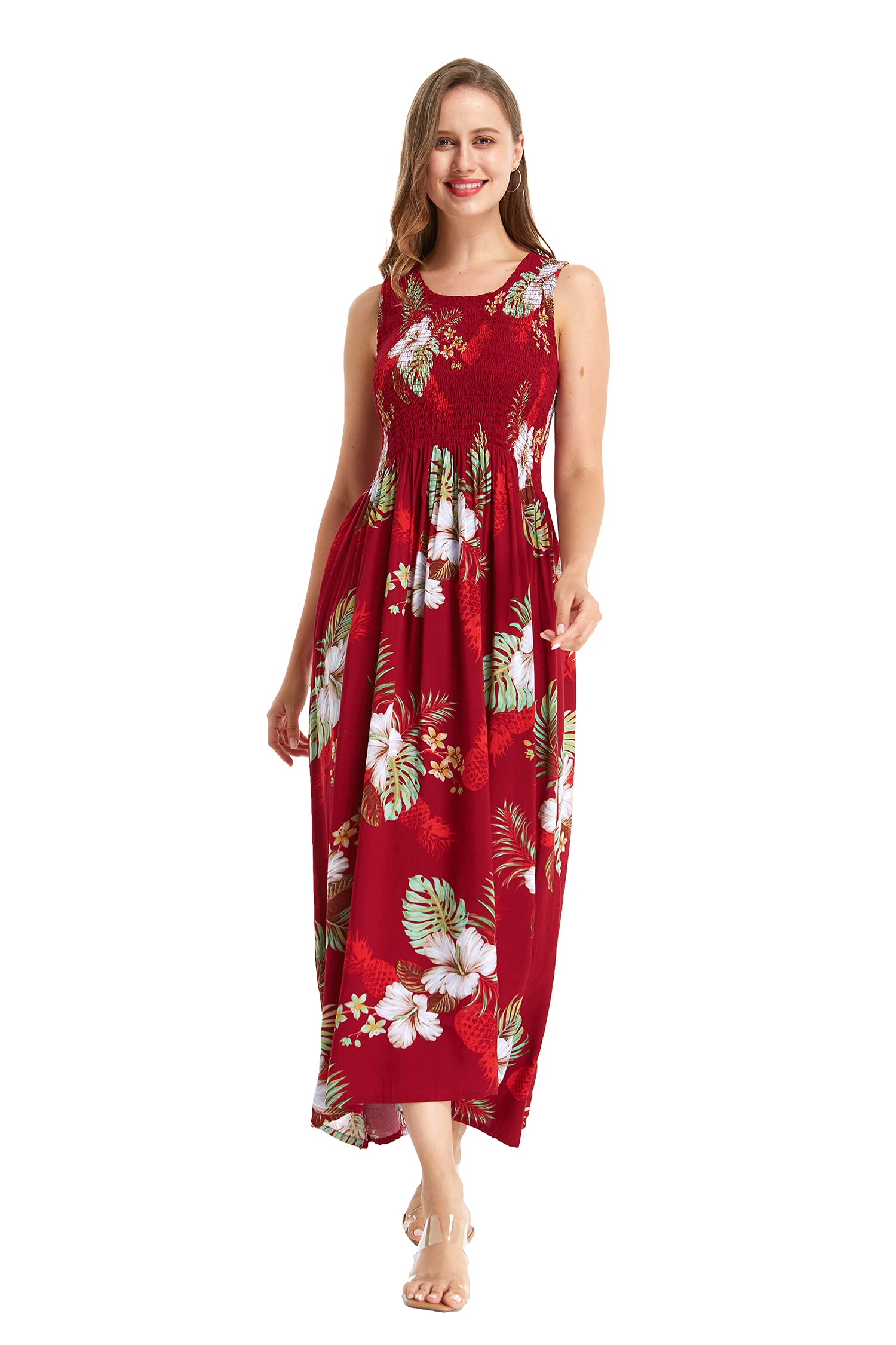 Women's Floral Hawaiian Maxi Tank Dress - Stretchy Elastic Waist Summer Luau Party Beach Dress for Tropical Vacation, Poolside, and Casual Outings