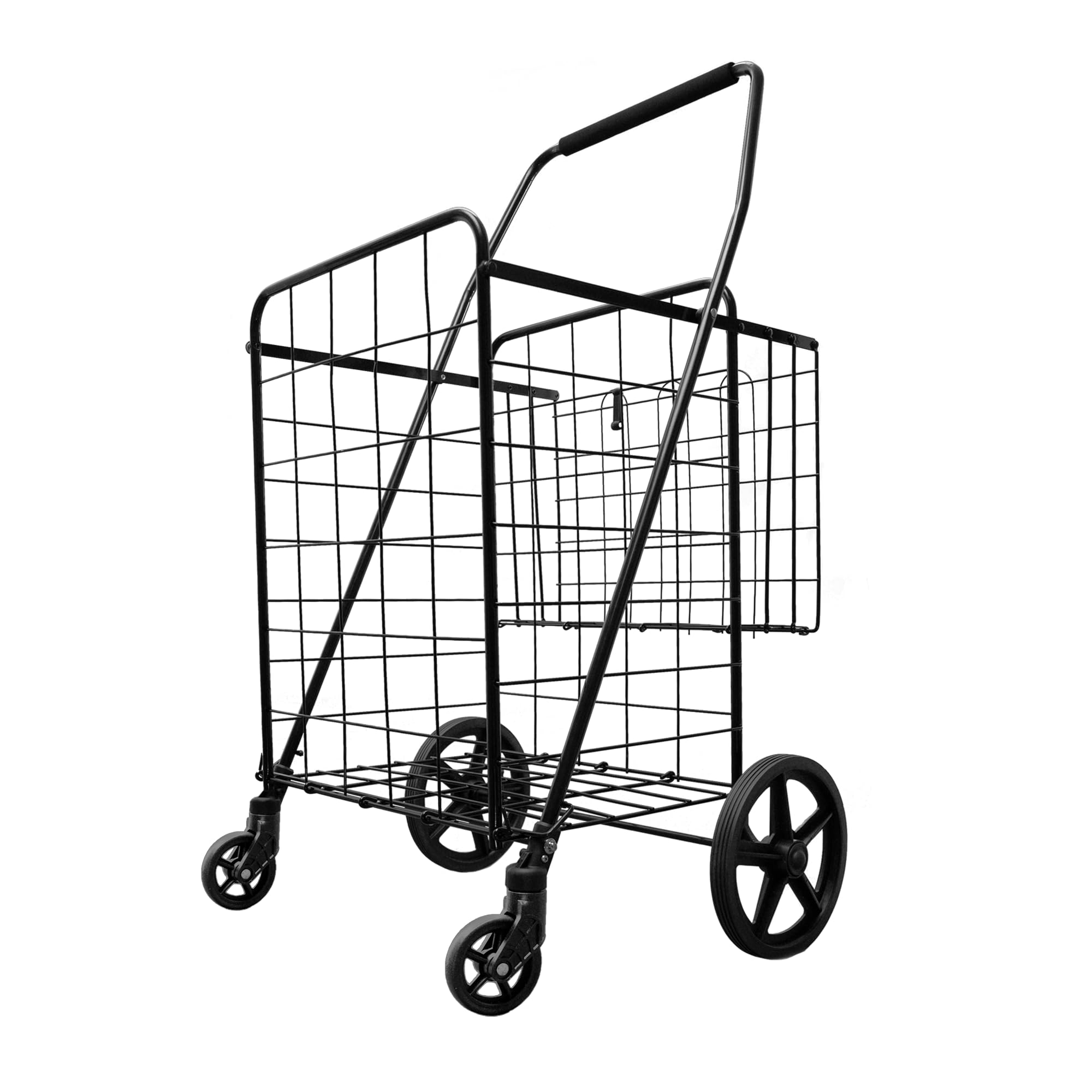 Jumbo XXL Folding Shopping Cart with 360° Swivel Wheels - Heavy-Duty Double Basket Grocery Cart for Supermarket, Laundry & Storage - Black Model S-2777 | Ideal for Seniors, Apartment Dwellers & Bulk Shopping