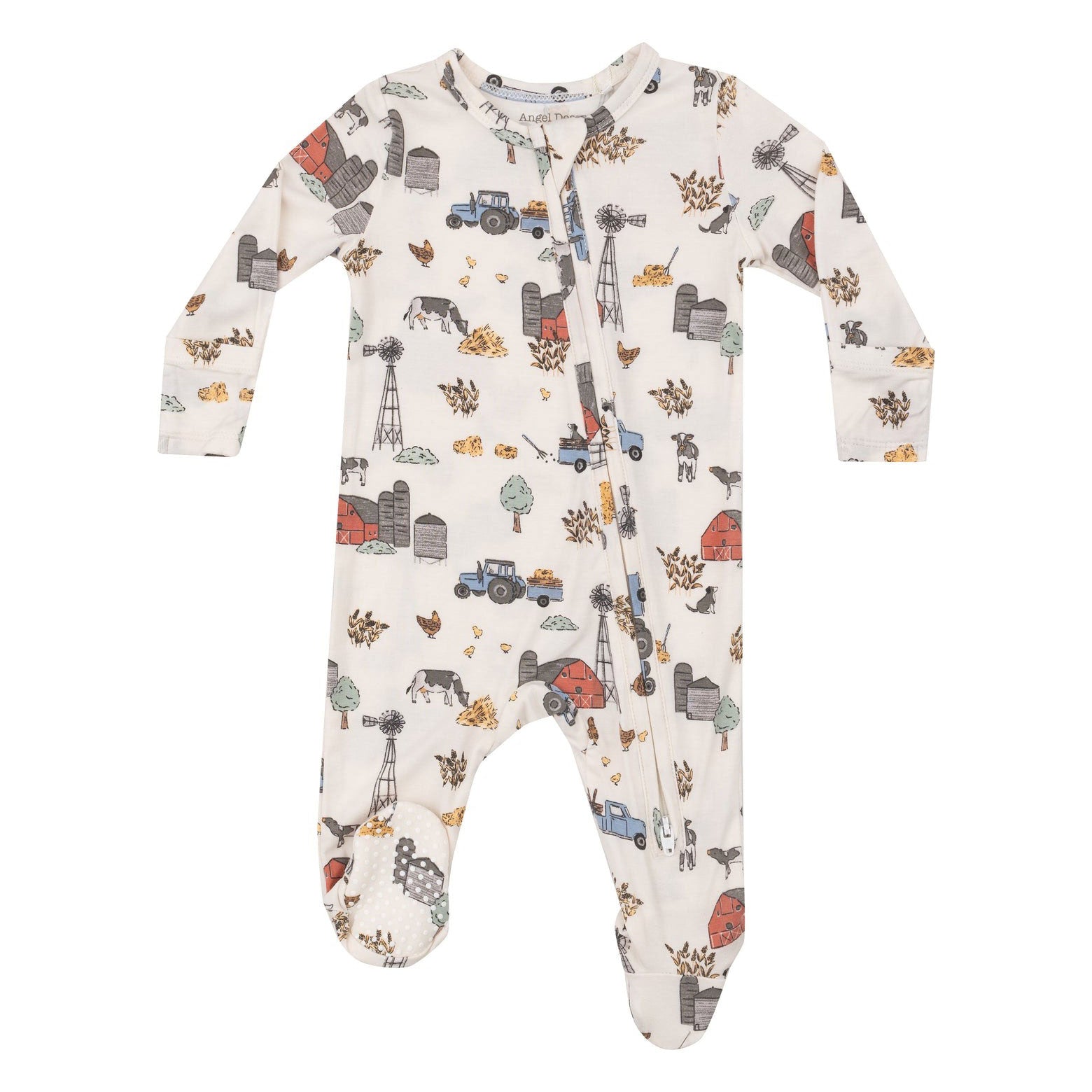 Bamboo 2-Way Zipper Footie Pajamas for Babies & Toddlers - Soft Organic Cotton Sleepwear, Hay Farmer Blue & Ivory - Perfect for Nursery, Bedtime & Lounging