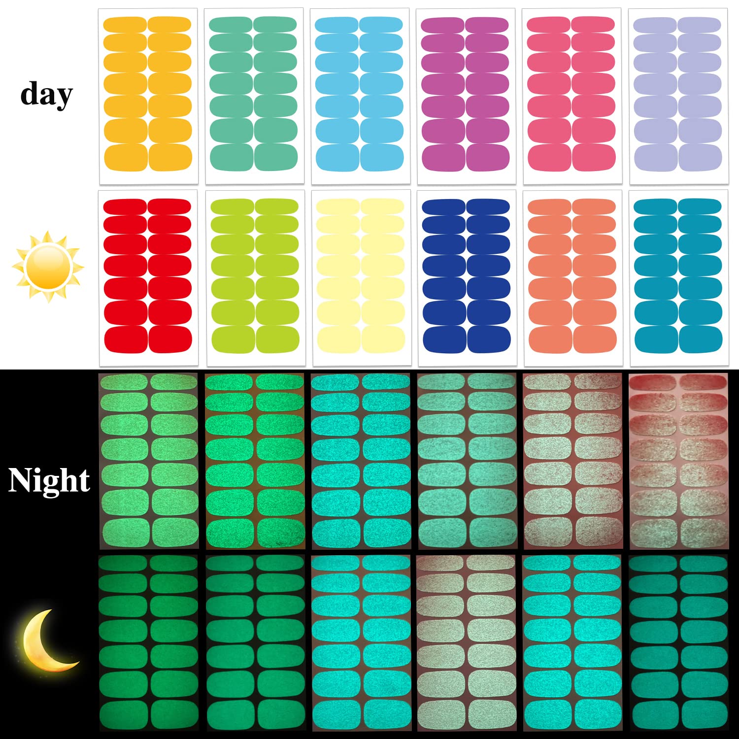 DANNEASY 12 Sheets Glow in The Dark Nail Polish Strips - Self Adhesive Gel Nail Wraps for Women, Long Lasting Solid Color Nail Art Stickers (Perfect for Parties, Night Events & UV Light Nail Designs)