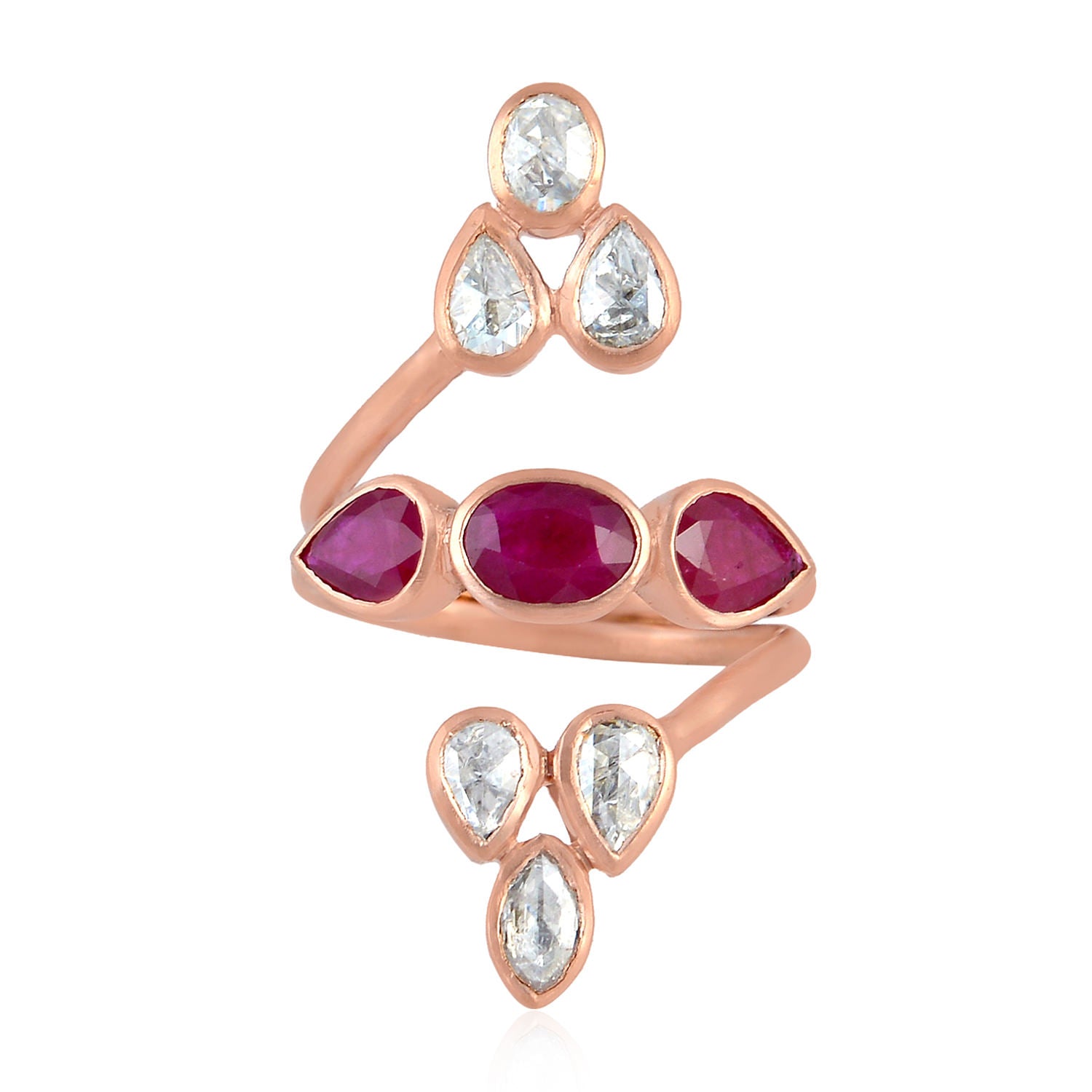 18k Rose Gold Bezel Set Ruby July Birthstone Ring with Uncut Diamond Spiral Design - Perfect for Birthdays, Anniversaries & Special Occasions