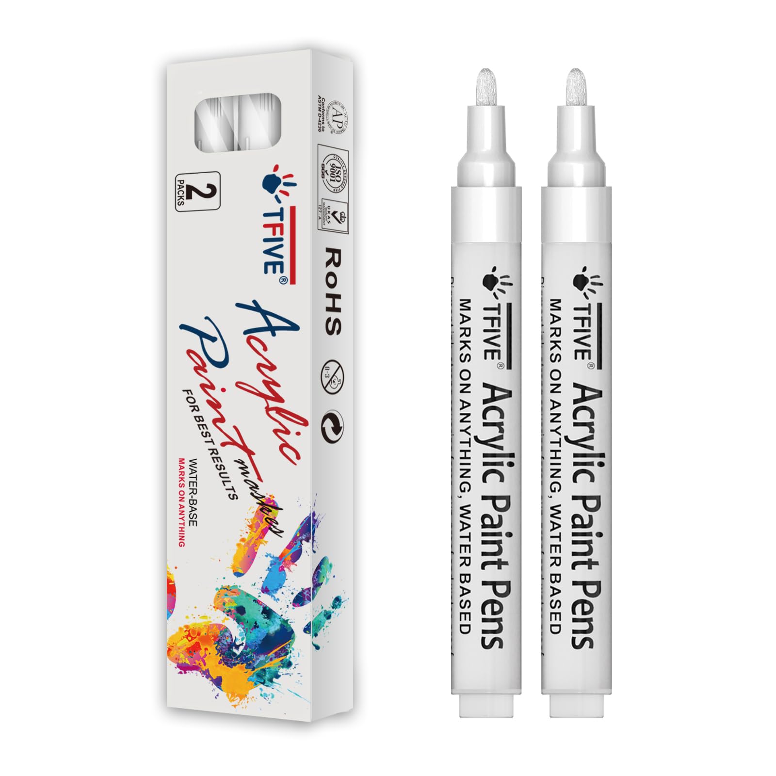 TFIVE White Paint Markers - 2 Pack Acrylic Permanent Paint Pens with 2-3mm Medium Tip for Art, DIY Crafts, Rock Painting on Ceramic, Glass, Wood, Plastic, Metal & Canvas | Perfect for Home Decor, Gift Making & Creative Projects