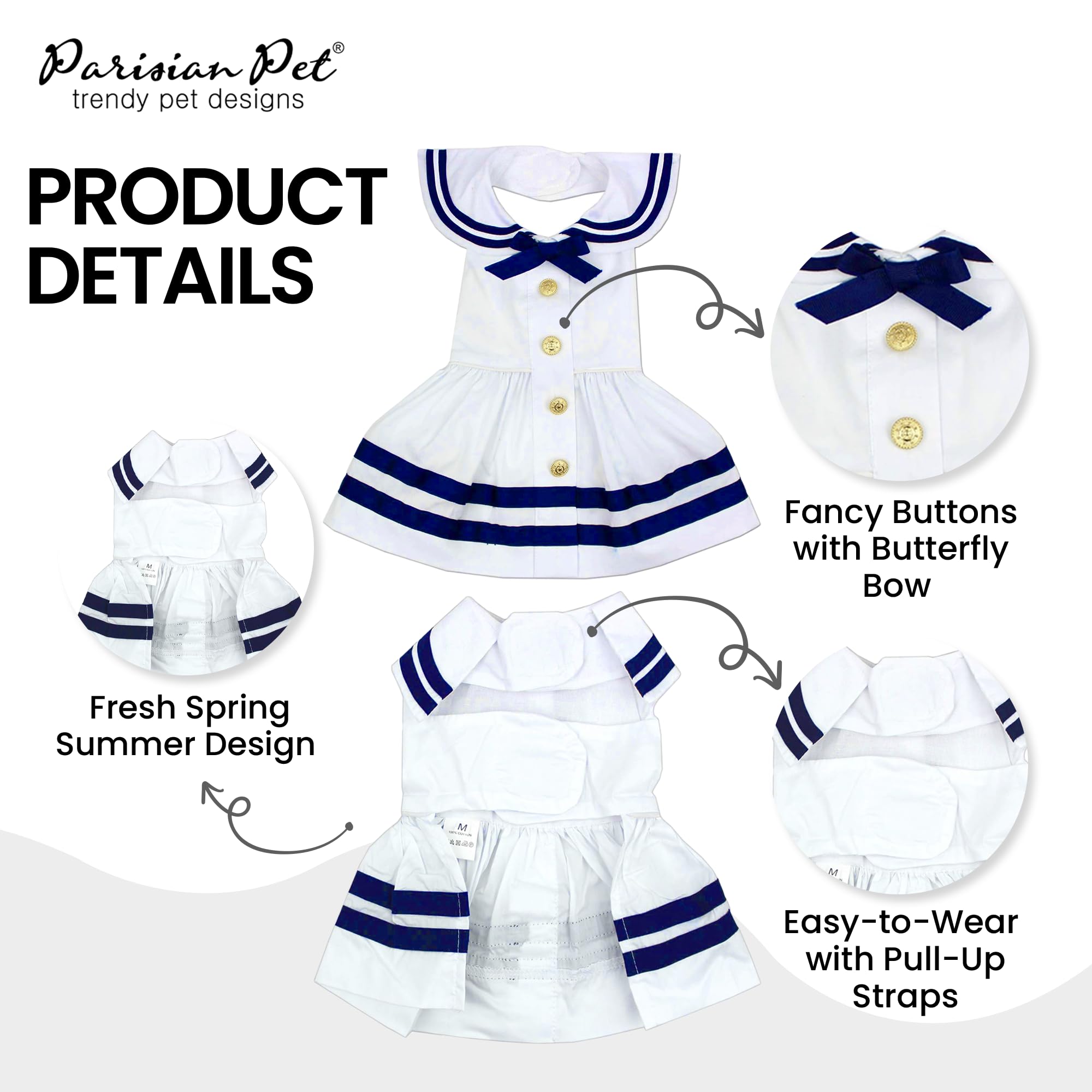 Parisian Pet Dog Dress - Lightweight Sailor Outfit for Small Dogs | Breathable Summer Dog Clothes in White & Blue | Pure Cotton Puppy Dress for Girl Dogs XS | Perfect for Beach Outings & Birthday Parties