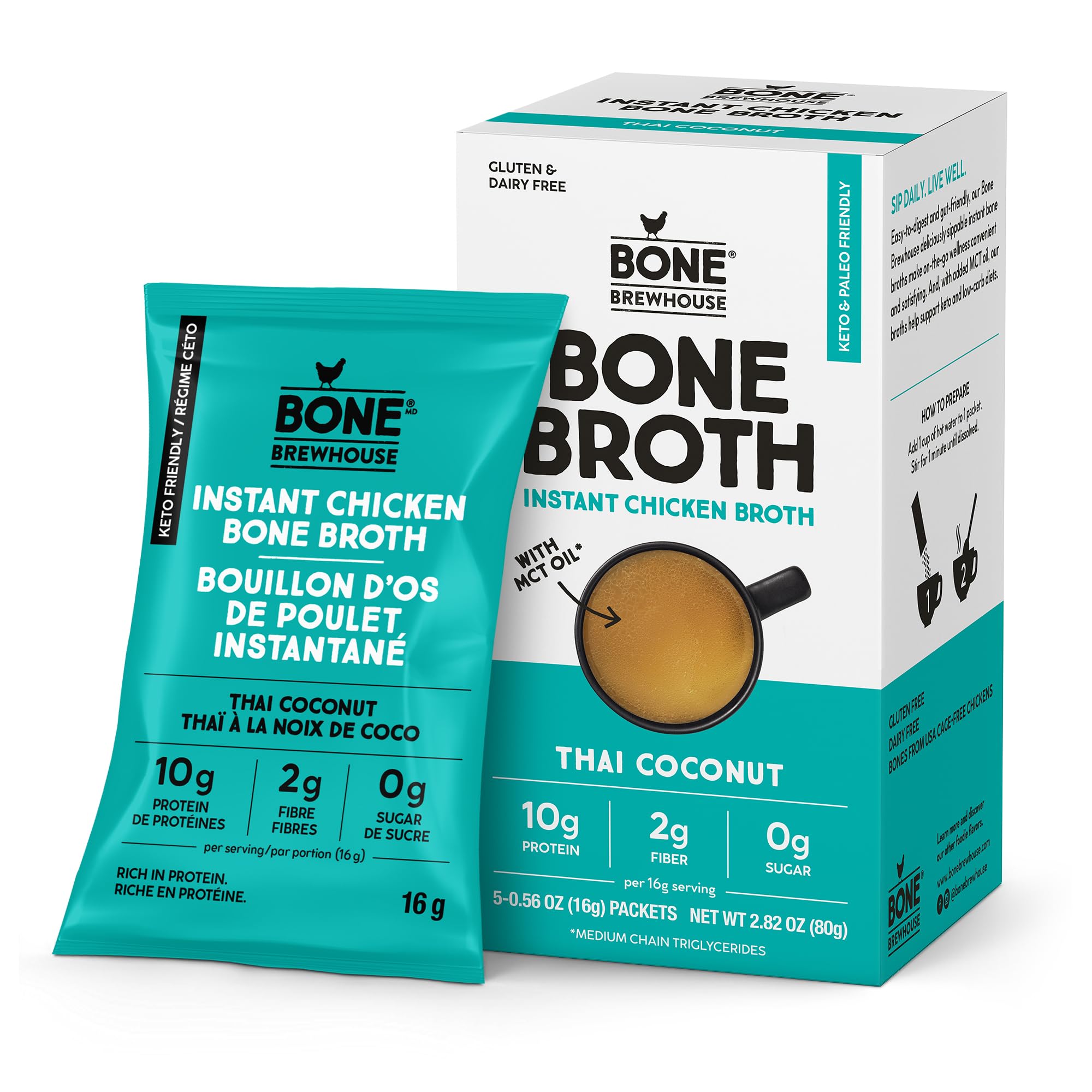 Bone Brewhouse Chicken Bone Broth Protein Powder - Thai Coconut Flavor - Keto Paleo Friendly Instant Soup - 10g Protein, Natural Collagen - Gluten Free Dairy Free - 5 Packets - Perfect for Post-Workout Recovery & Keto Diet Meals