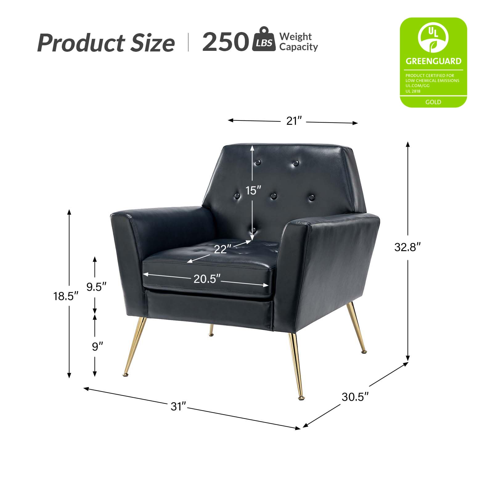 HULALA HOME Modern Faux Leather Accent Chairs Set of 2, Navy Blue Upholstered Armchairs with Gold Metal Legs - Button Tufted Living Room Furniture for Bedroom, Office & Lounge - Comfortable Seating for Home Decor