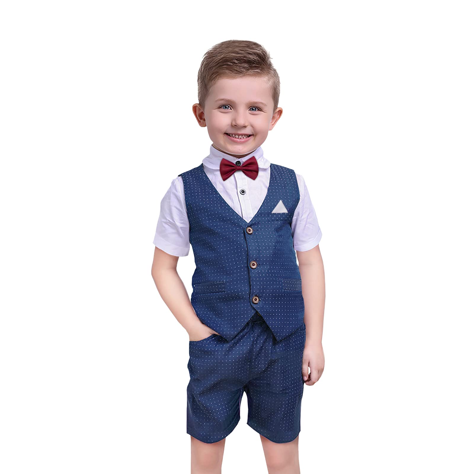Stylish Boys Summer Suits 3-Piece Set - Shirt, Vest & Pants with Red Bow Tie | Toddler Formal Wear | Perfect for Weddings, Parties & Special Occasions
