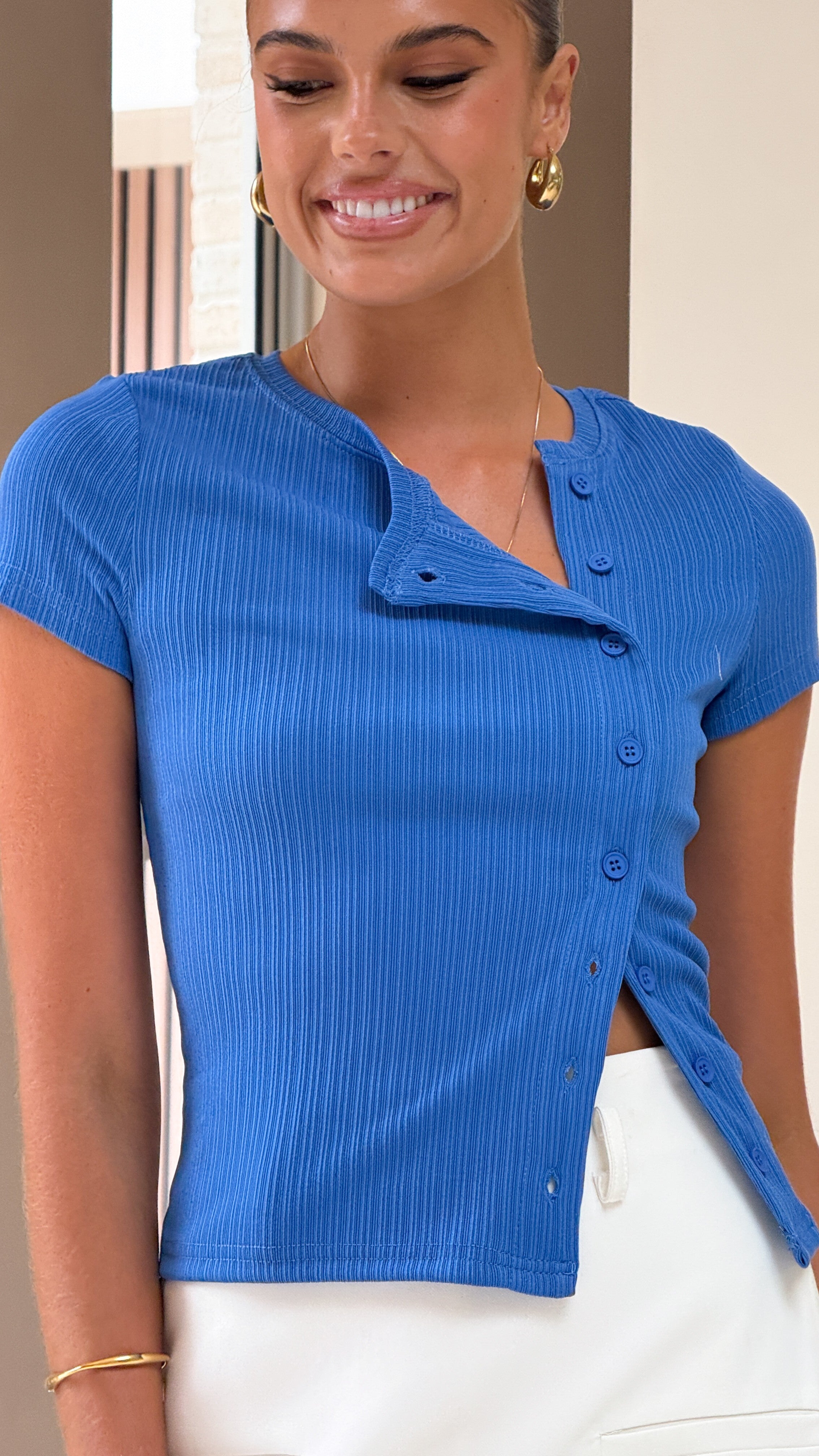 Lola Asymmetric Button Up Top for Women - Stylish Blue Blouse for Casual & Office Wear | Trendy Button Down Shirt for Everyday Outfits & Work Attire