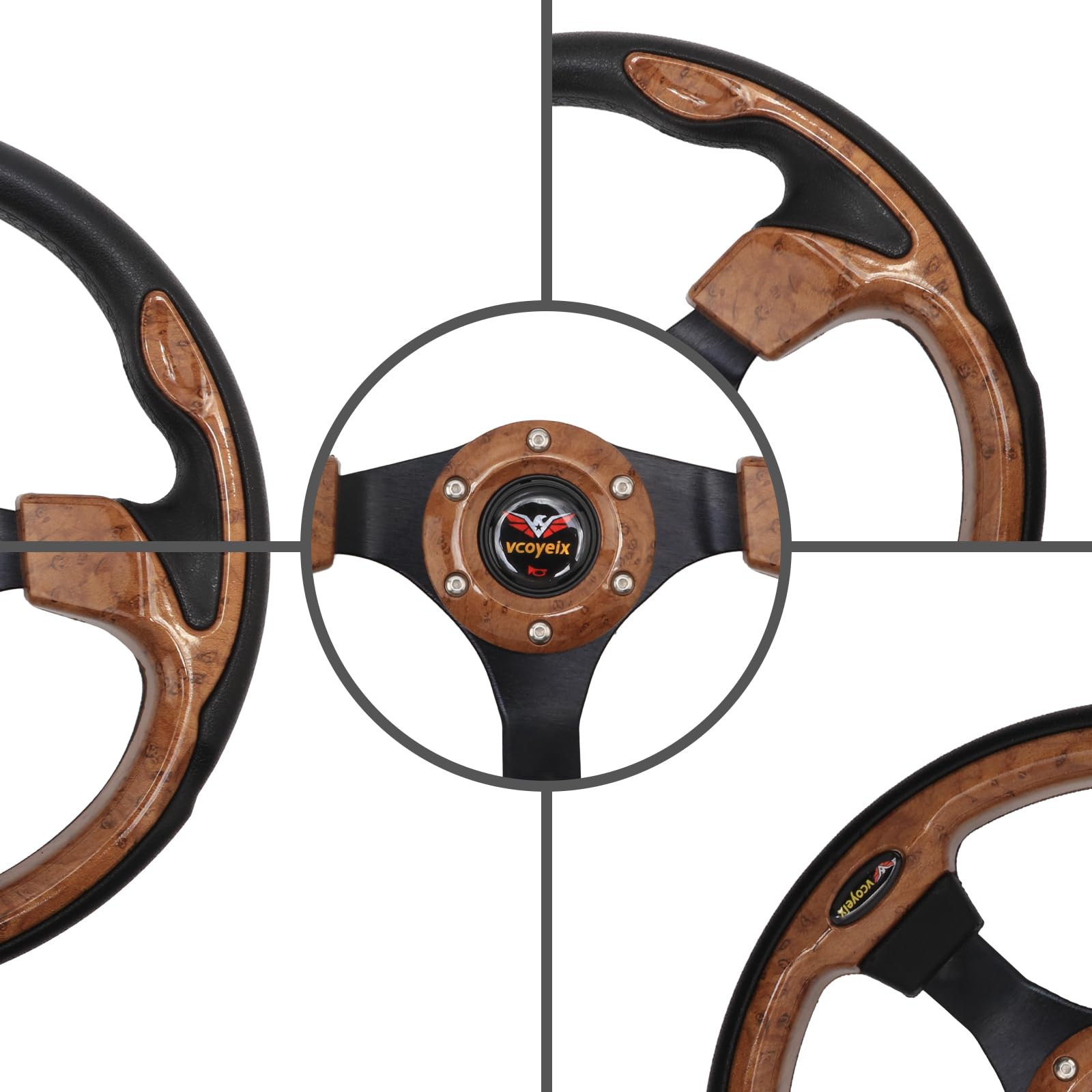 12.5 Inch Golf Cart Steering Wheel - Universal Fit for Yamaha, Club Car DS Precedent Tempo, EZGO TXT RXV - Wood Grain Racing Style - Perfect for Golf Cart Upgrades & Customization