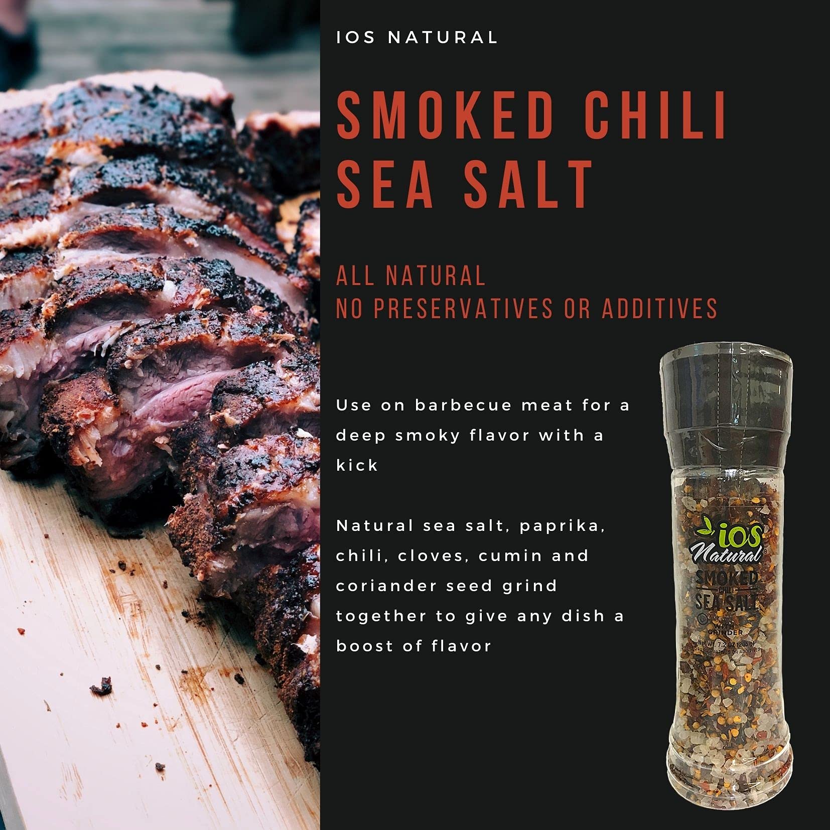 Premium Natural Sea Salt with Grinder - Smoked Chili Flavor | Gourmet Finishing Salt for Steaks, Seafood & Vegetables | Iodine-Free, Non-GMO, Gluten-Free | Perfect for Home Cooking & BBQ Seasoning