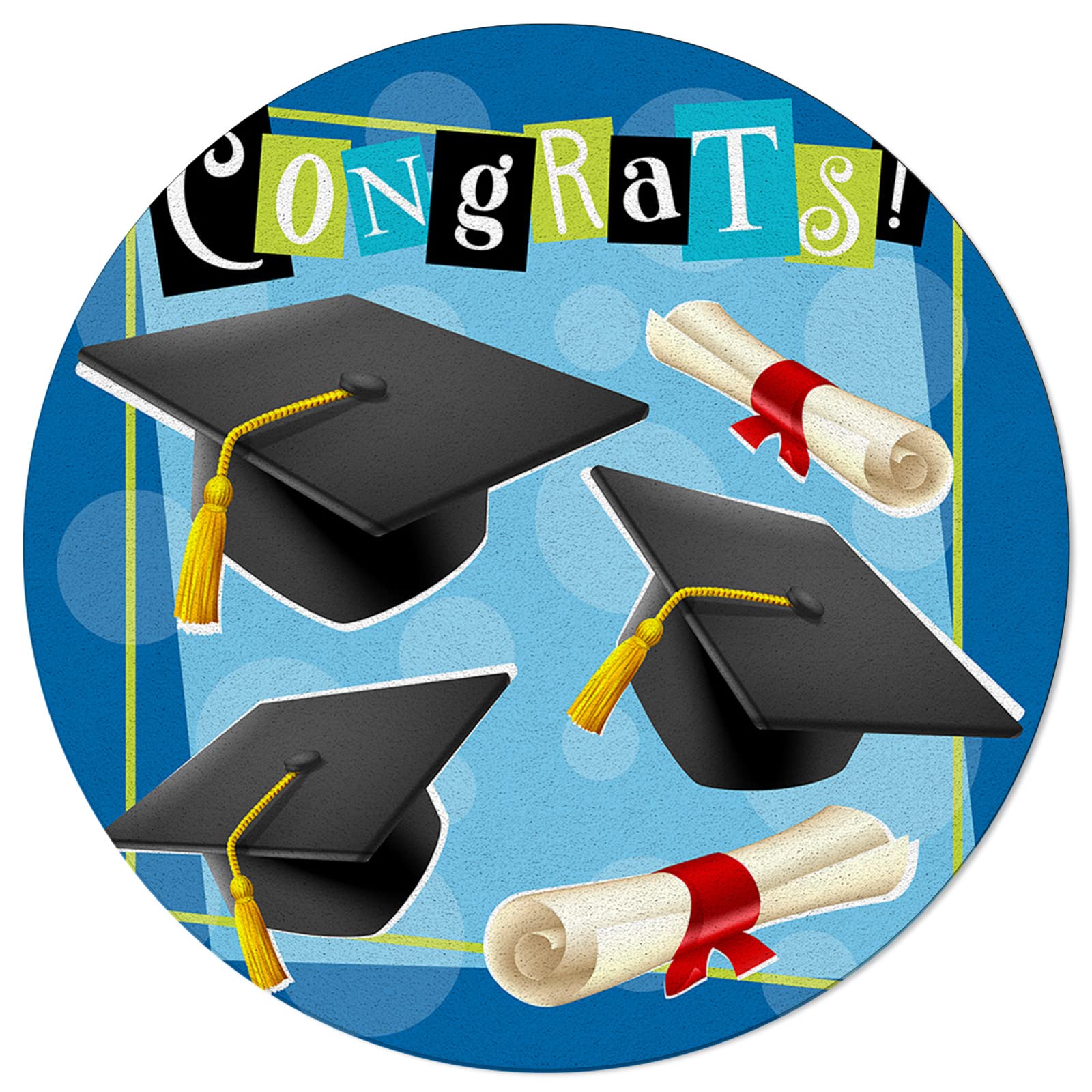 Blue Graduation Celebration Area Rug - Washable 5FT Round Carpet for Kids, Teens, Boys & Girls Bedroom, Living Room, Dorm Decor - Perfect for School, College Graduation Parties & Home Decor
