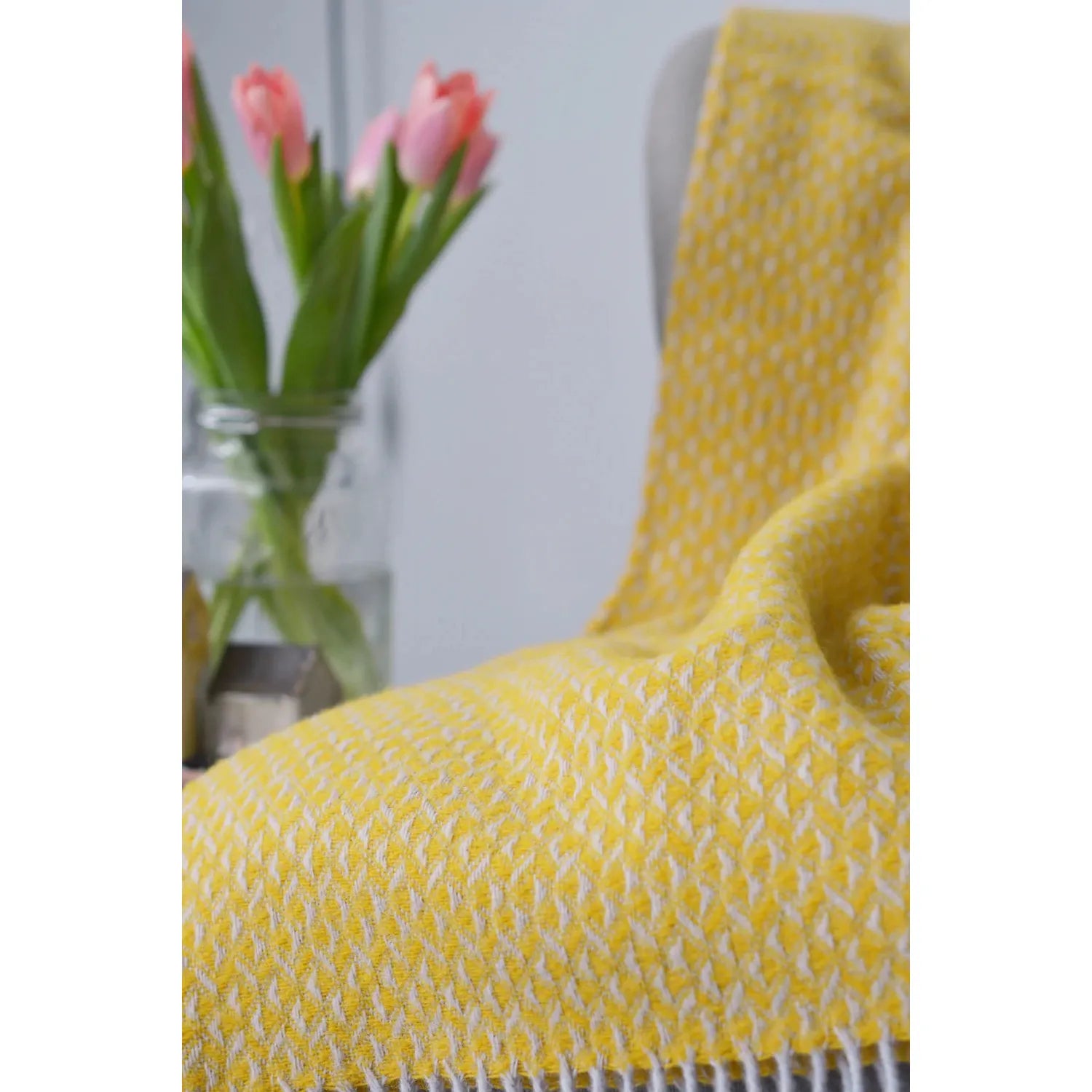 Premium 100% Pure New Wool Diamond Throw Blanket - Soft Yellow Blanket (72