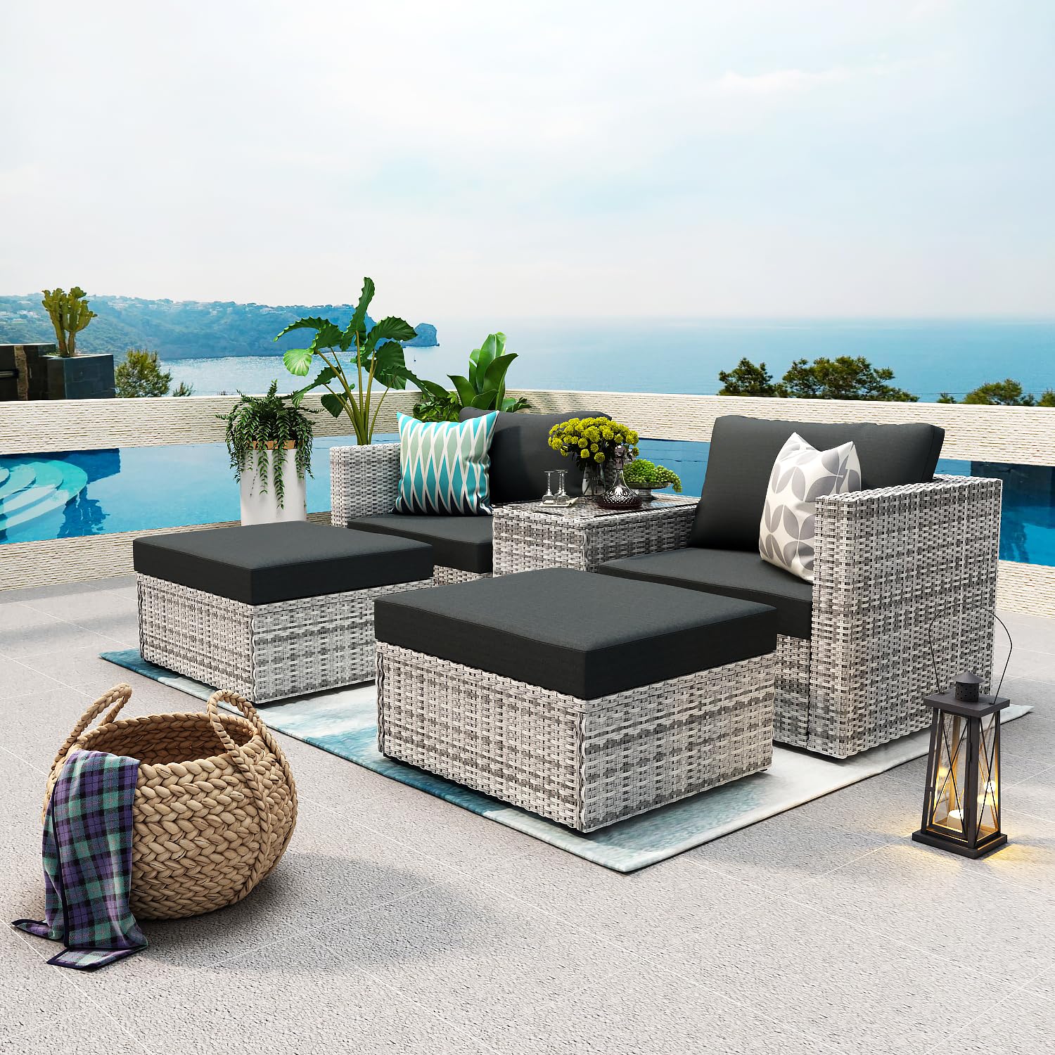 5-Piece All-Weather Wicker Patio Furniture Set - Outdoor Rattan Sectional Sofa with Ottoman & Cushions - Perfect for Garden, Poolside, Backyard & Lawn Relaxation