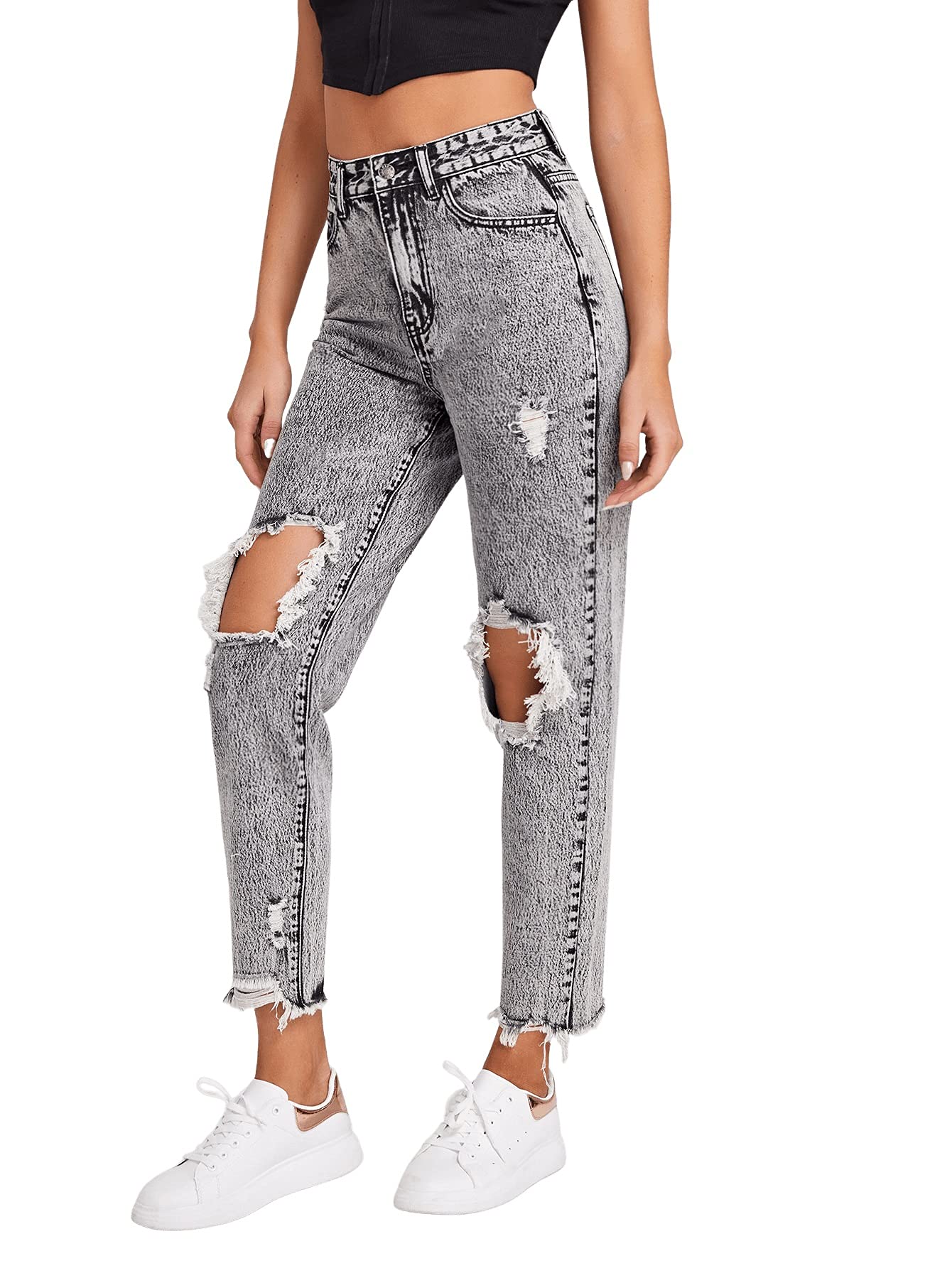 SweatyRocks Women's High Waist Ripped Jeans - Distressed Raw Hem Denim Pants for Casual Wear & Street Style | Trendy Vintage Look for Everyday Outfits & Night Out