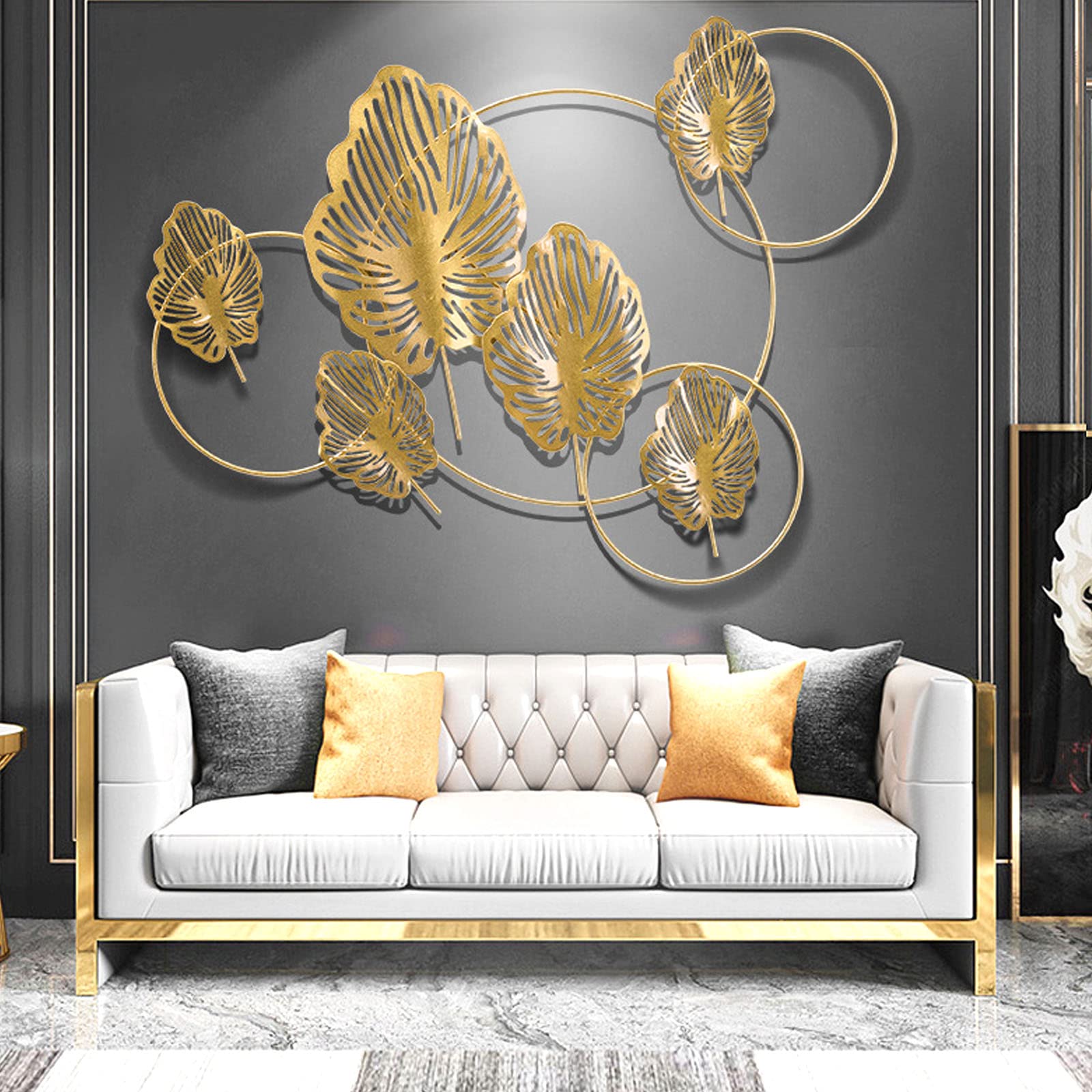 Nordic Style Round Metal Ginkgo Leaf Wall Art - Gold Home Decor for Living Room, Bedroom, Office & Wedding | Elegant Hanging Sculpture for Hotel, Party & Garden Decoration