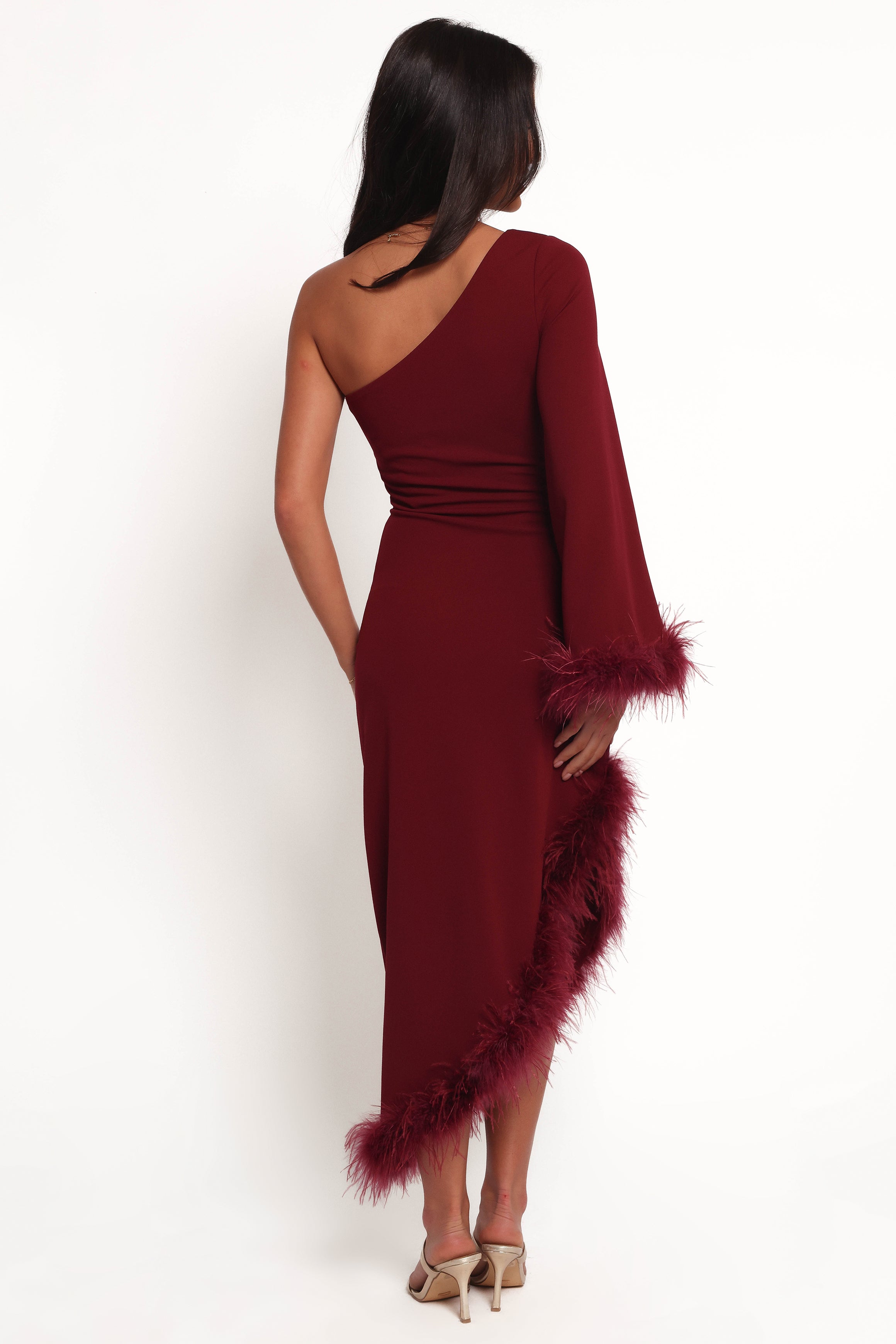 Elegant One Shoulder Midi Dress in Deep Wine Red - Perfect for Cocktail Parties, Date Nights & Special Occasions