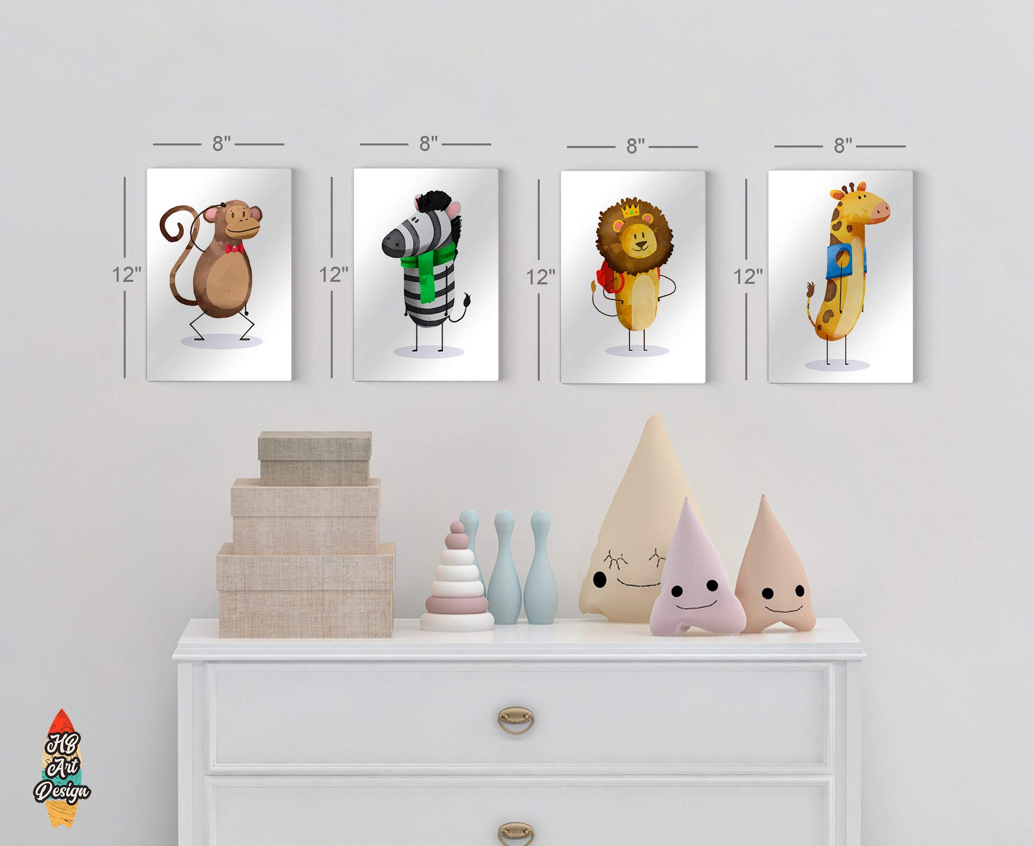 HB Art Design Monkey Zebra Lion Giraffe Wall Art - 4 Panel Metal Print Set for Nursery Decor | Baby Girl & Boy Room | Kids Bedroom | Handmade in USA (24x16 Inches x4) | Perfect for Jungle Theme Nursery, Children's Playroom & Animal Lover's Home Decor