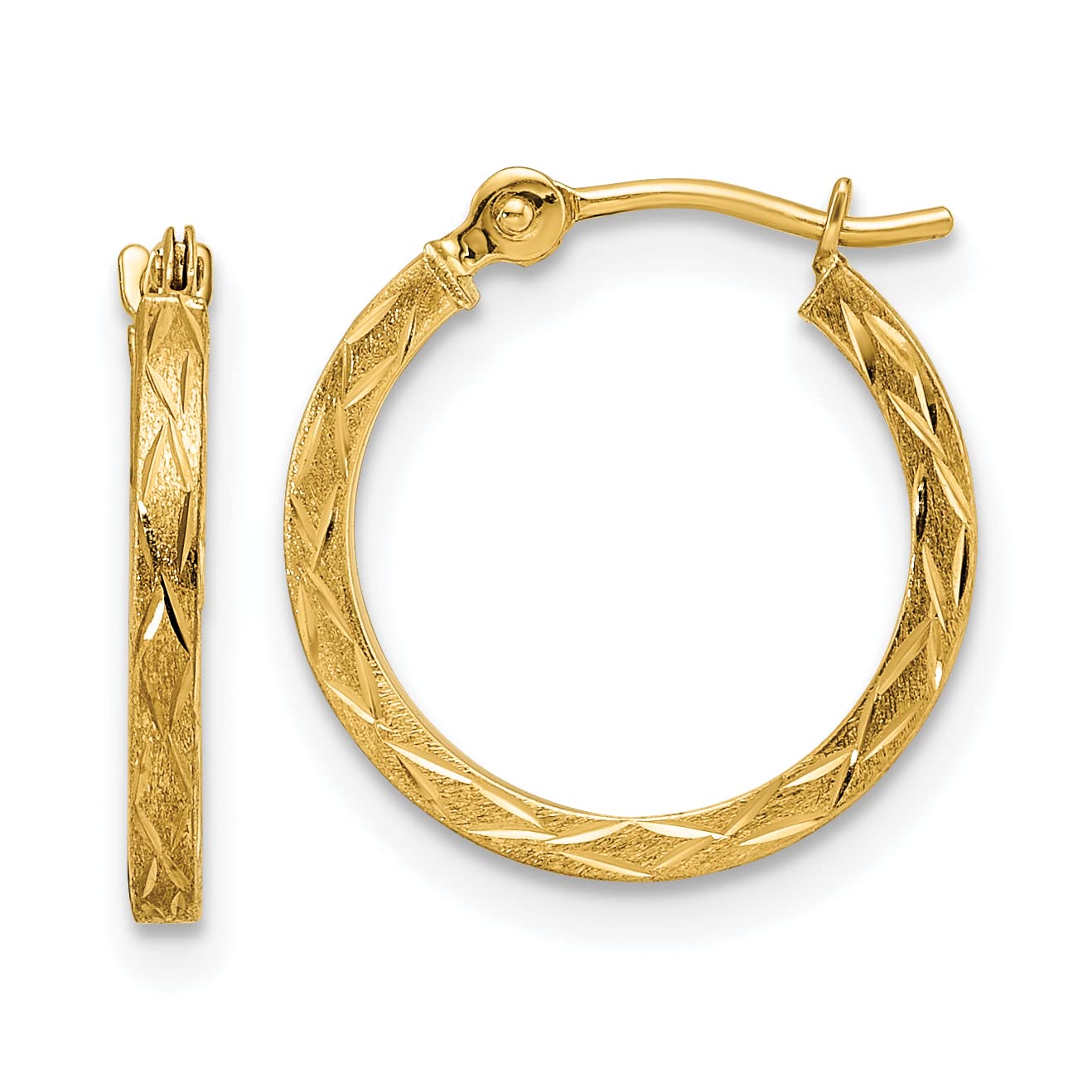 14K Yellow Gold Diamond-Cut Hoop Earrings for Women - 15.28mm Polished & Satin Finish | Elegant Everyday Jewelry for Work, Parties & Special Occasions