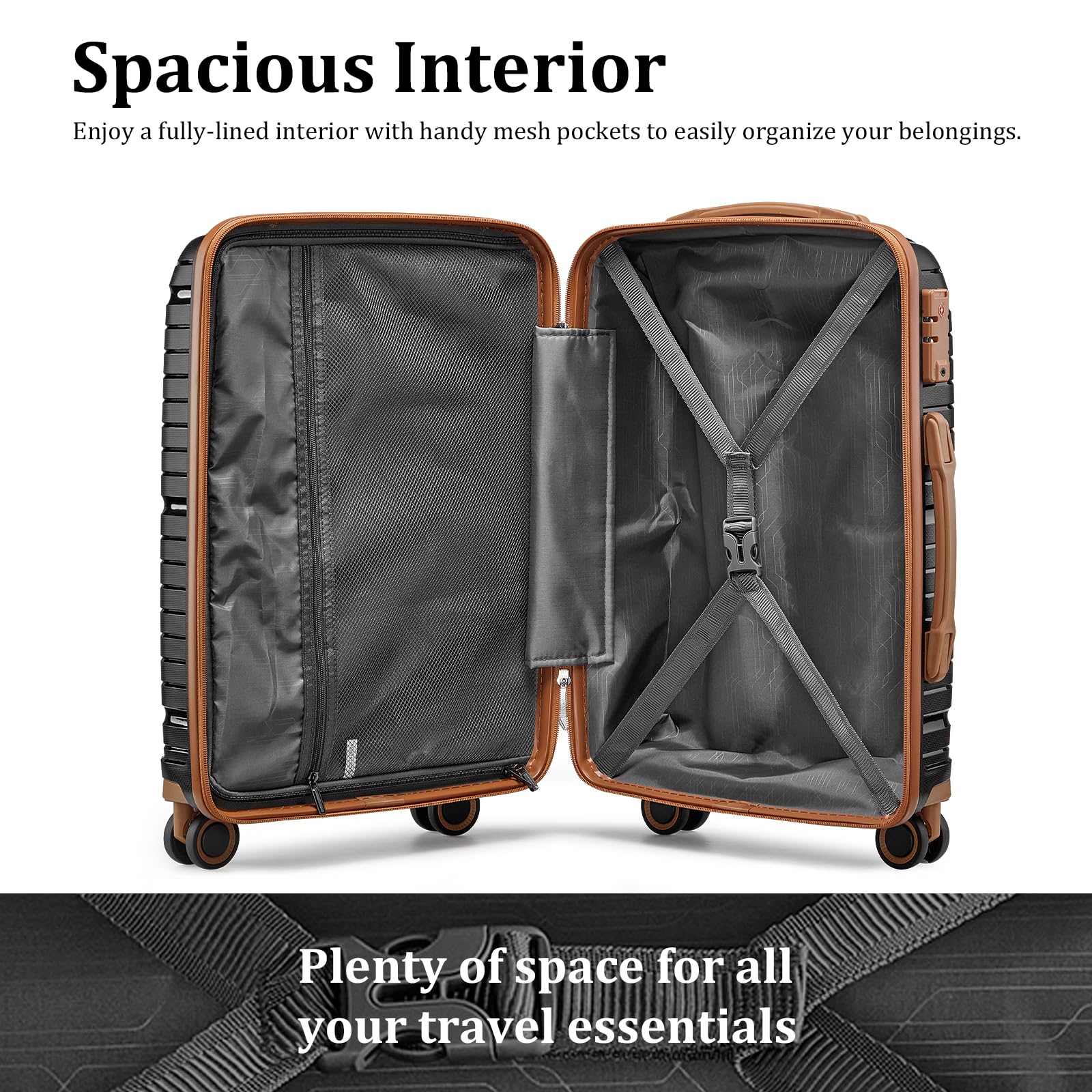 Joyway 5-Piece Hardshell Luggage Set - Lightweight Carry-On Suitcase with Double Spinner Wheels & TSA Lock (Black/Brown) - Perfect for Air Travel, Business Trips & Family Vacations