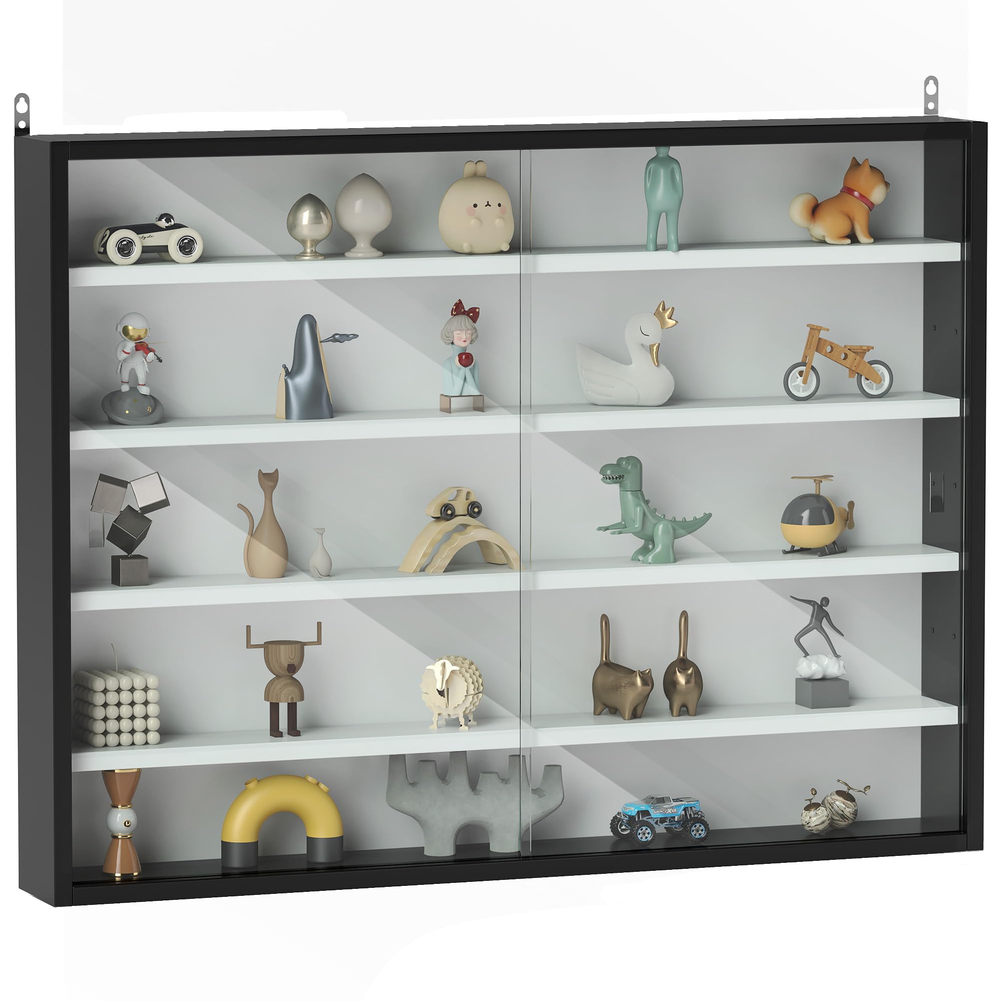 HOMCOM 5-Tier Glass Door Display Cabinet with Adjustable Shelves - Wall Mounted Storage Case for Toys, Collectibles & Home Decor - Perfect for Playroom, Bedroom, Living Room & Office (Black & White)