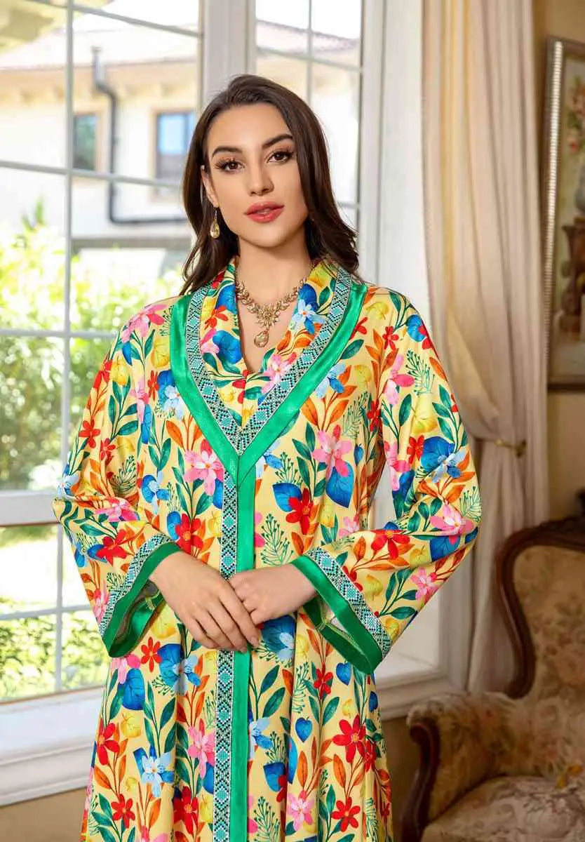 Elegant Hotfix Rhinestone Flower Printed Kaftan Dress - Eid Jalabiya Abaya for Women | Perfect for Eid Celebrations, Weddings & Special Occasions