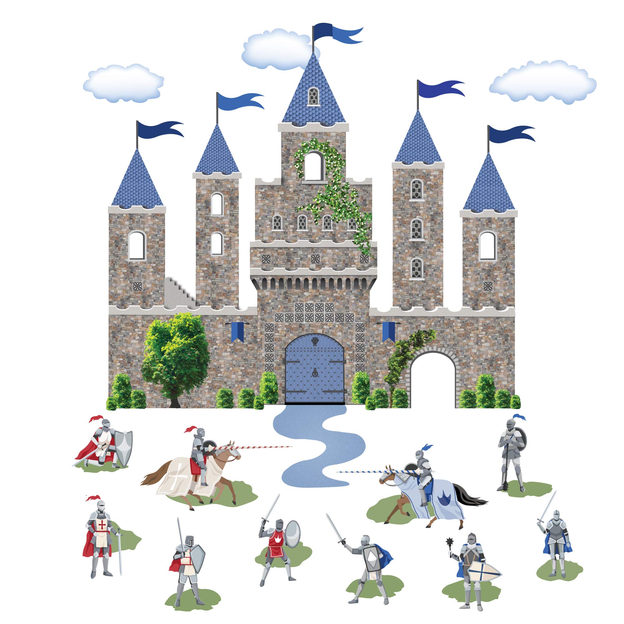 Blue Medieval Castle Wall Decal with Knights - Removable Peel and Stick Wall Stickers for Kids Room, Nursery, Playroom Decor - Perfect for Boys Bedroom, Themed Parties & Fantasy Decorations