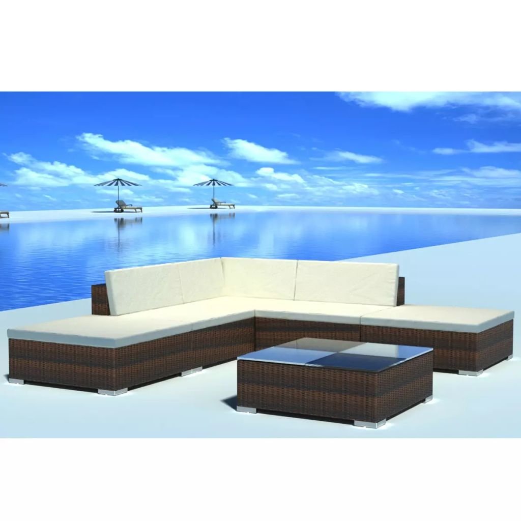 vidaXL 6-Piece Brown PE Rattan Garden Lounge Set - Outdoor Wicker Sofa Sectional with Cushions & Coffee Table | Perfect for Patio, Backyard, Poolside Relaxation