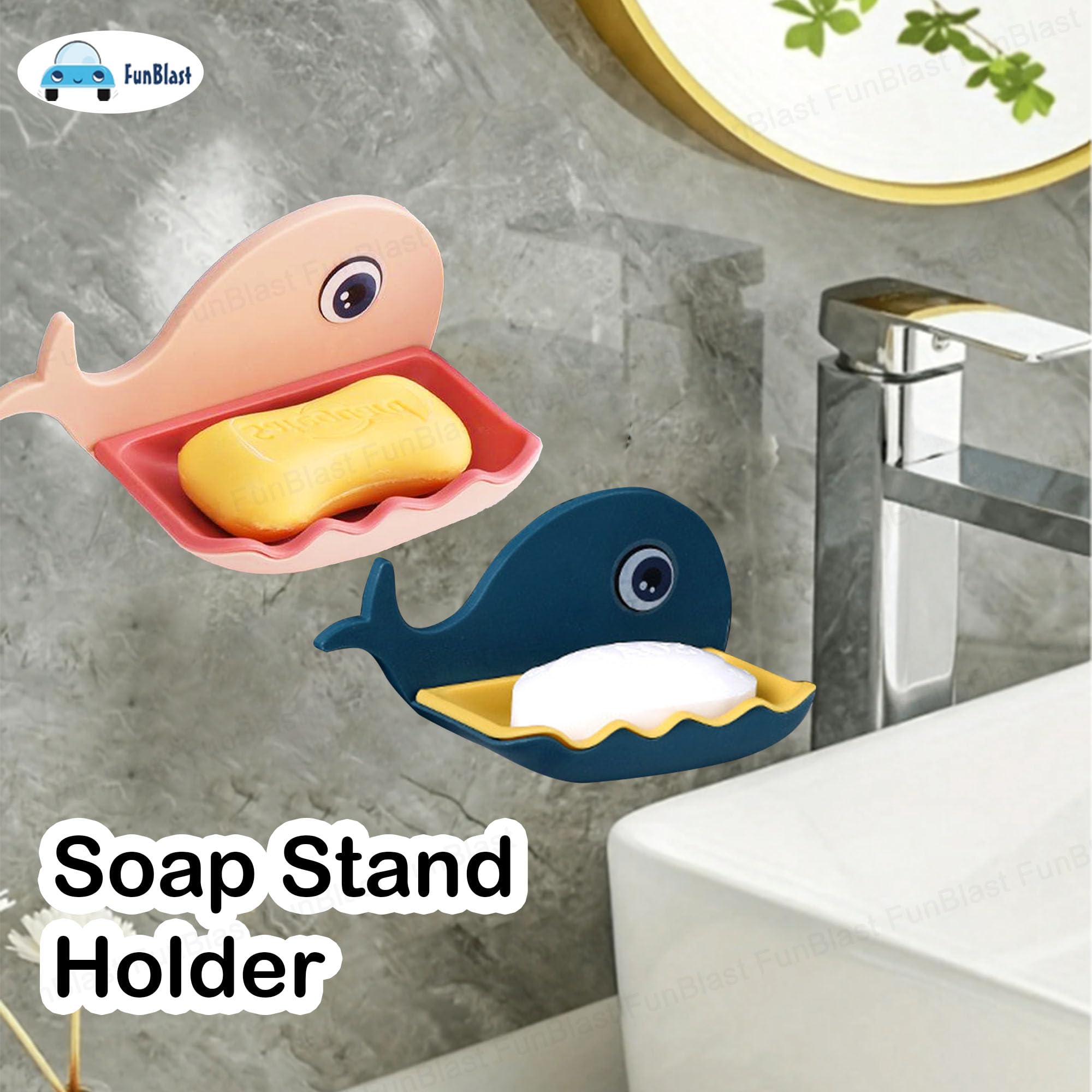 FunBlast Fish Design Soap Dish Holder - Wall Mounted Bathroom & Kitchen Soap Stand with Magic Stickers (2-Pack, Random Colors) | Perfect for Sink, Shower, and Countertop Organization