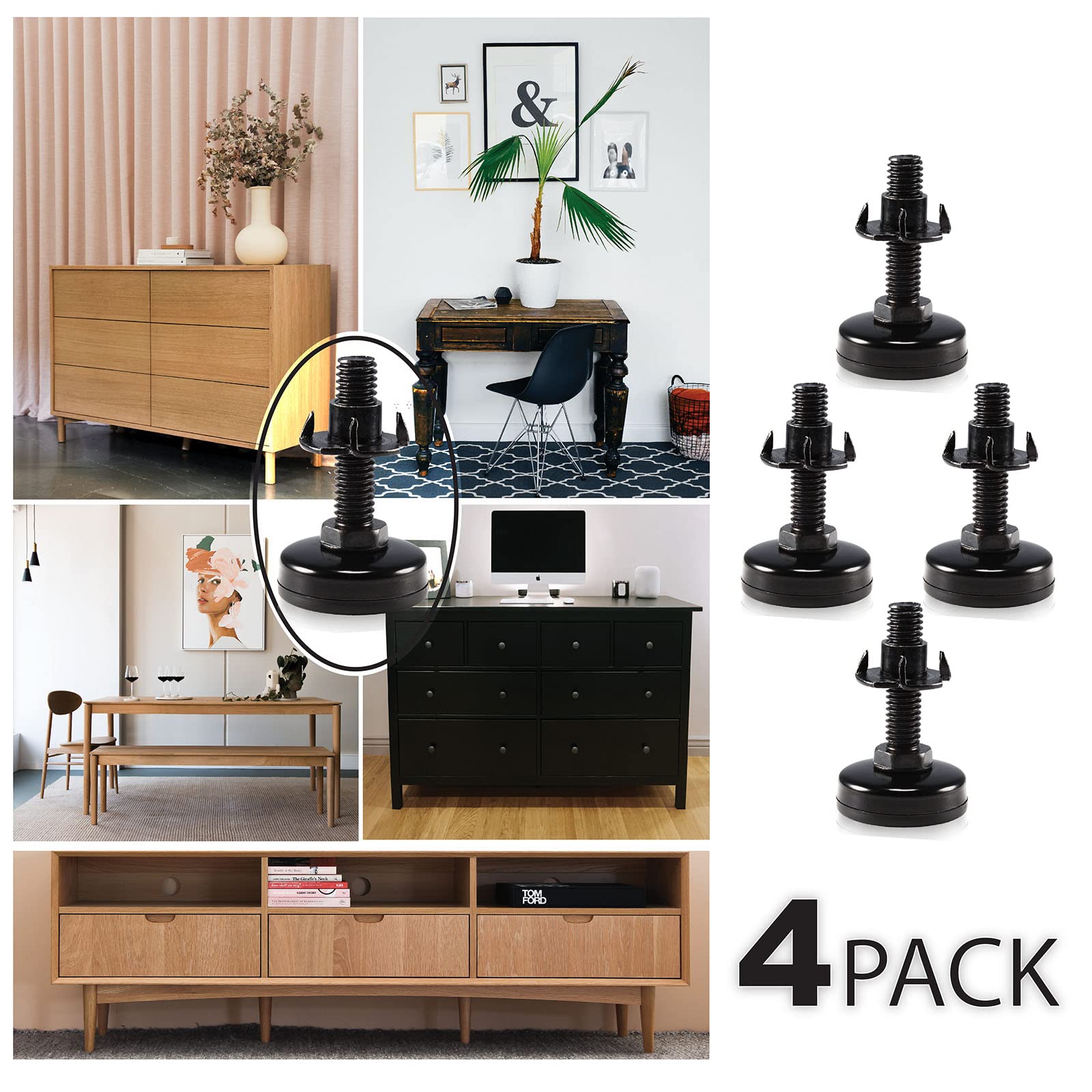 Heavy Duty Adjustable Furniture Leveling Feet - 4 Pack Black Levelers for Cabinets, Sofas, Tables & Chairs - Supports 1320Lbs with 3/8