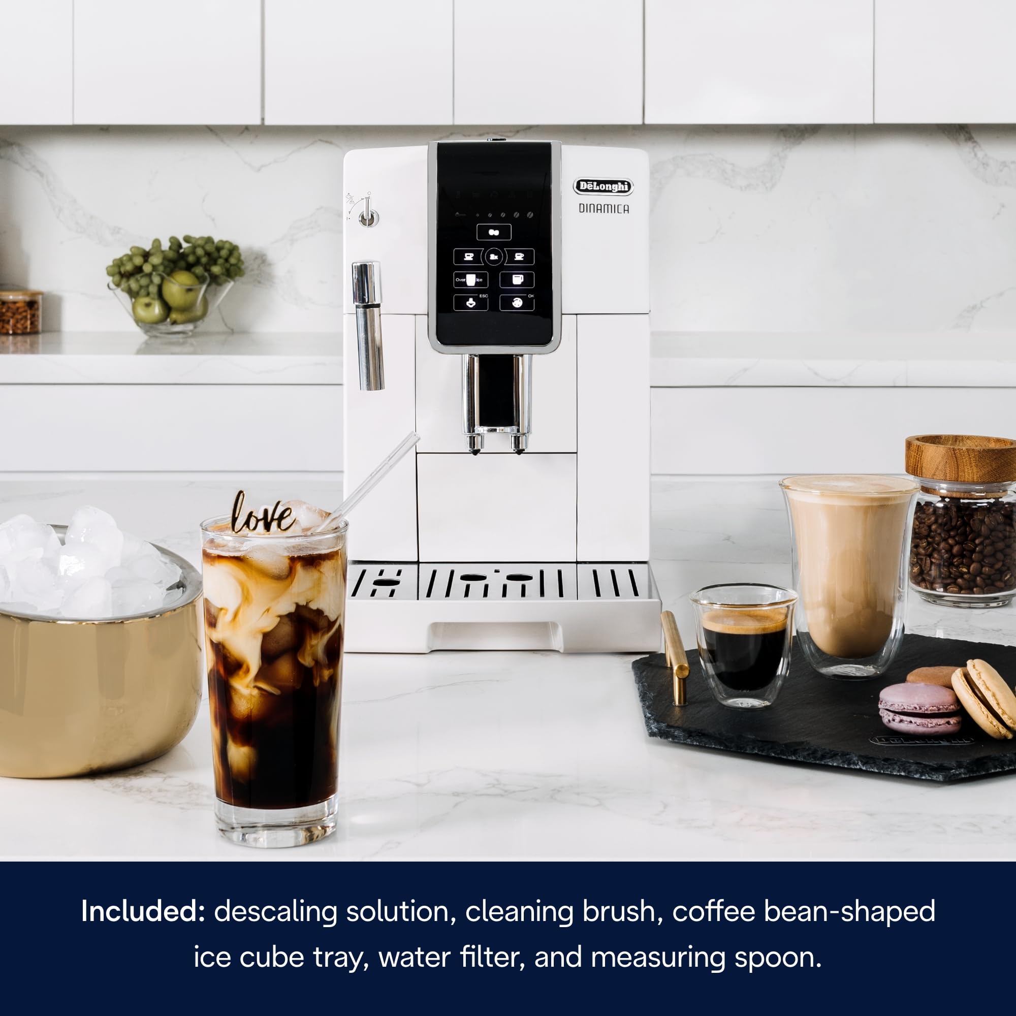 De’Longhi ECAM35020W Dinamica Fully Automatic Coffee & Espresso Machine with Burr Grinder - Make Hot & Iced Coffee - Includes Descaling Solution, Cleaning Brush & Bean-Shaped Ice Cube Tray - Perfect for Home, Office & Entertaining (White)