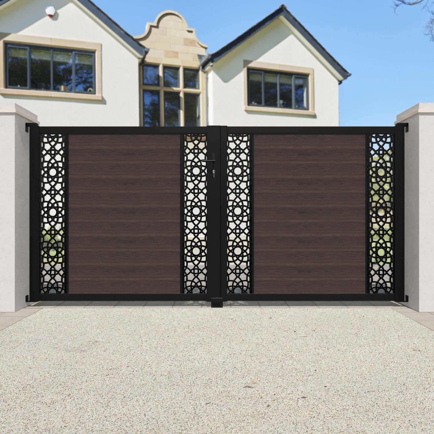 Classic Ambar Straight Top Driveway Gate - Mid Brown Wooden Fence with Middle & End Screen - Perfect for Residential Driveways, Garden Entrances & Property Security