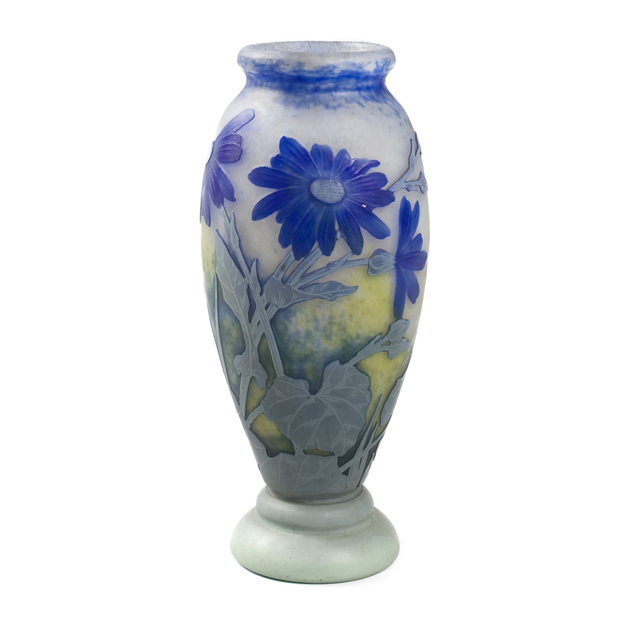 Antique Daum Nancy Wheel-Carved Blue Cornflower Cameo Glass Vase - Elegant Floral Home Decor for Living Room, Dining Table & Wedding Centerpieces
