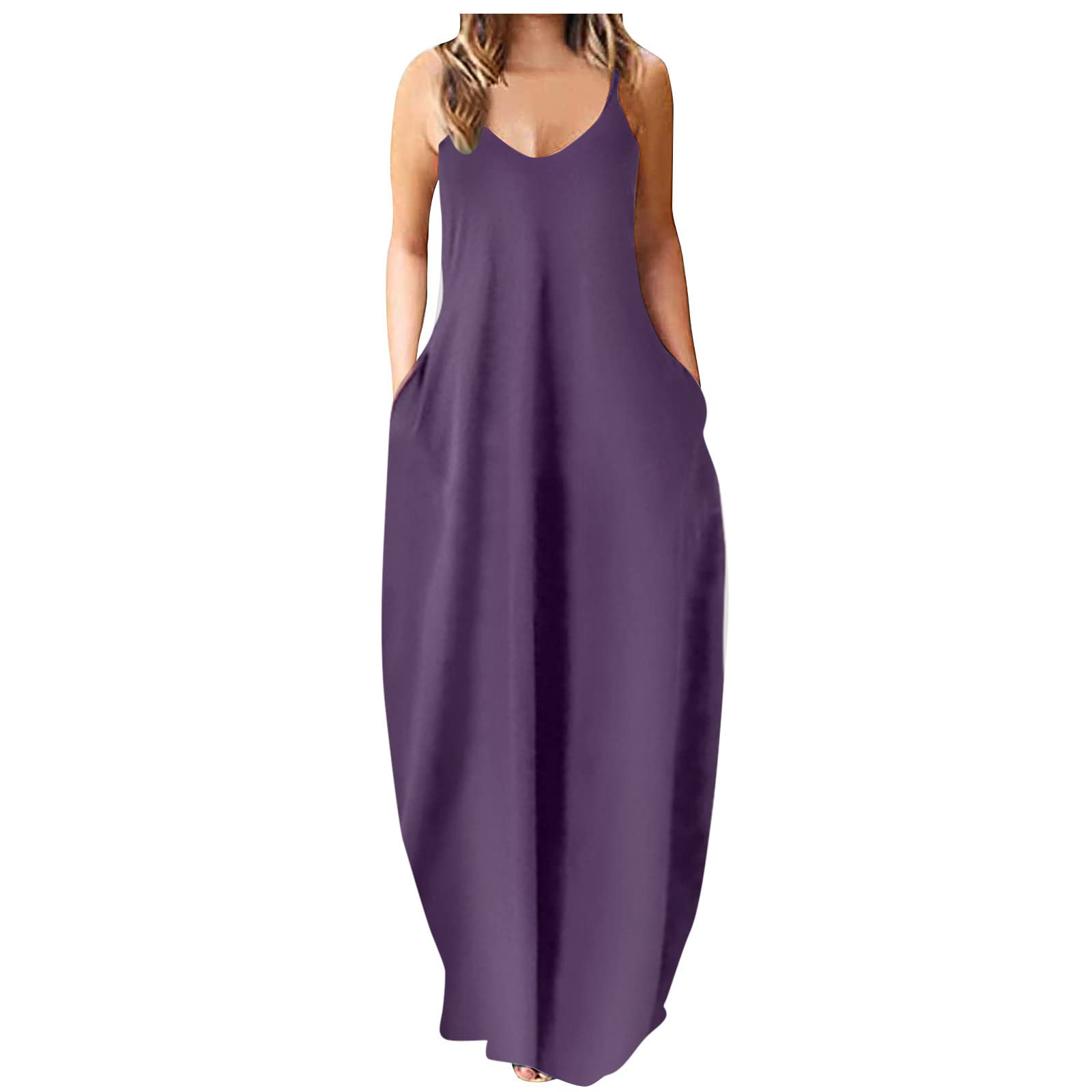 Plus Size Women's Summer Maxi Dress - Sleeveless V-Neck Cami Casual Dress with Pockets | Perfect for Beach, Vacation & Everyday Wear