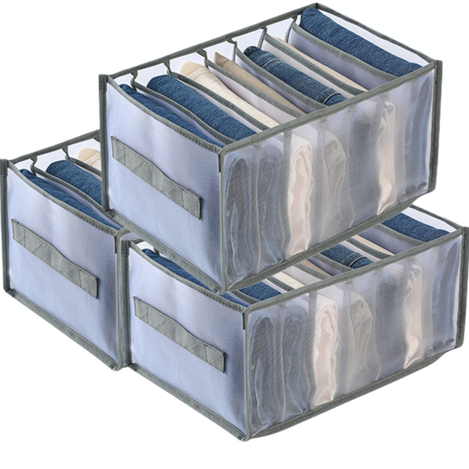 7 Grids Washable Closet Organizer - Foldable Mesh Storage Box for Jeans, Shirts & Skirts | Gray Wardrobe Organizer (3-Pack) | Perfect for Bedroom, Closet & Travel Storage Organization