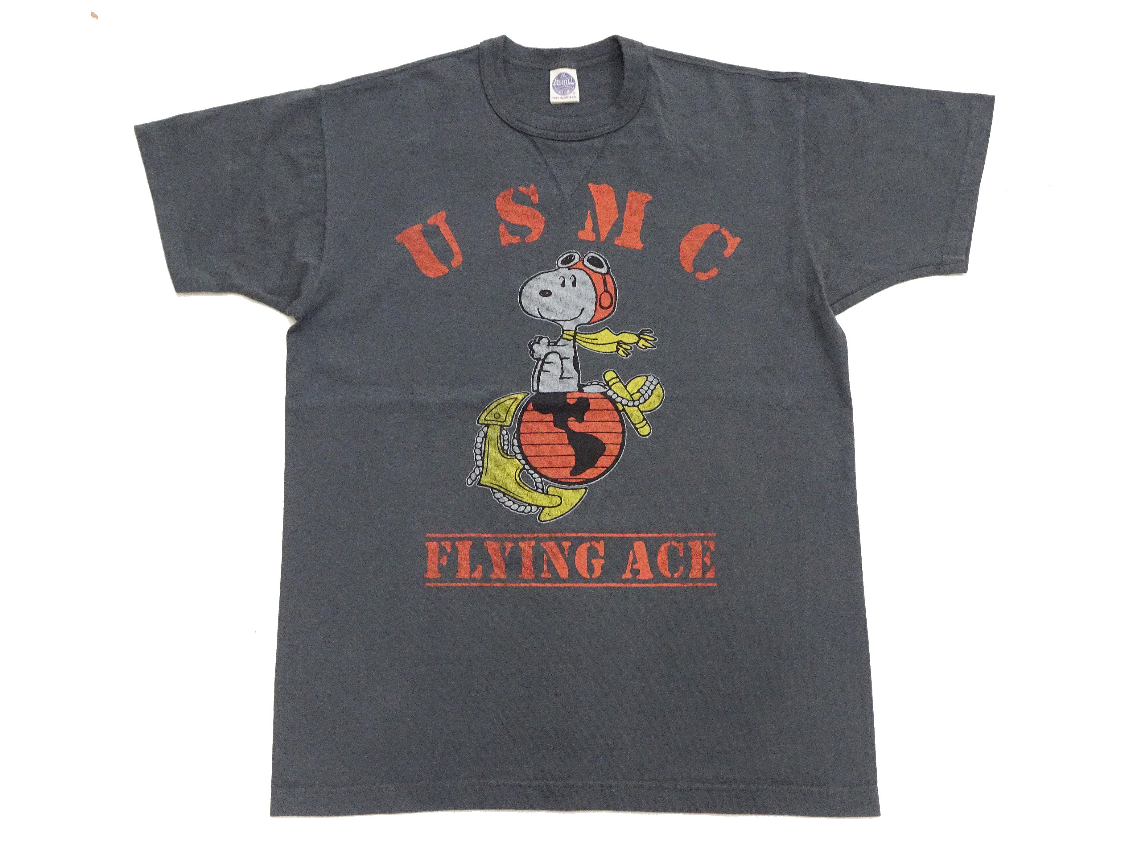 TOYS McCOY Men's Short Sleeve Graphic T-Shirt - Flying Ace Snoopy x USMC Printed Tee (TMC2527) | Vintage Loopwheel Fabric | Garment Dyed Faded Black | Casual Wear & Street Style