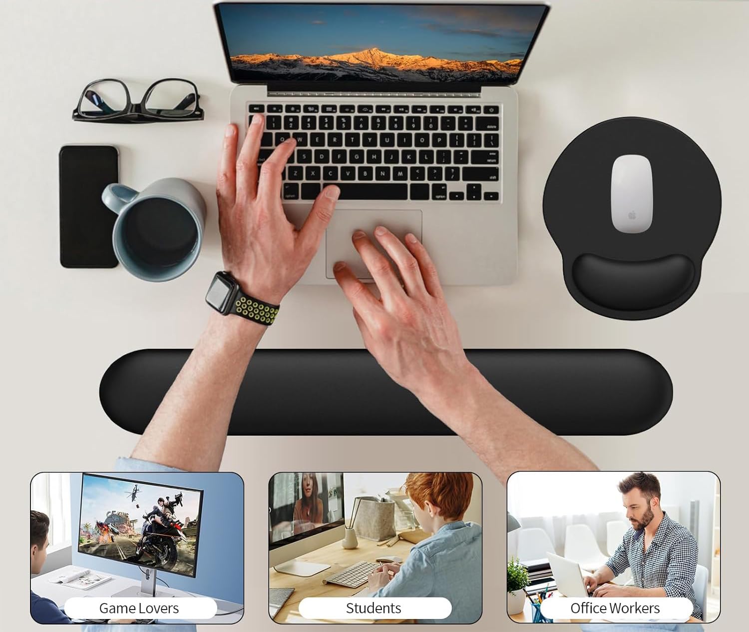 Ergonomic 3-in-1 Mouse Pad with Wrist Rest - Comfortable Gel Keyboard & Mouse Pad for Office Work, Gaming & Travel - Black Computer Accessories for Home & Office Use